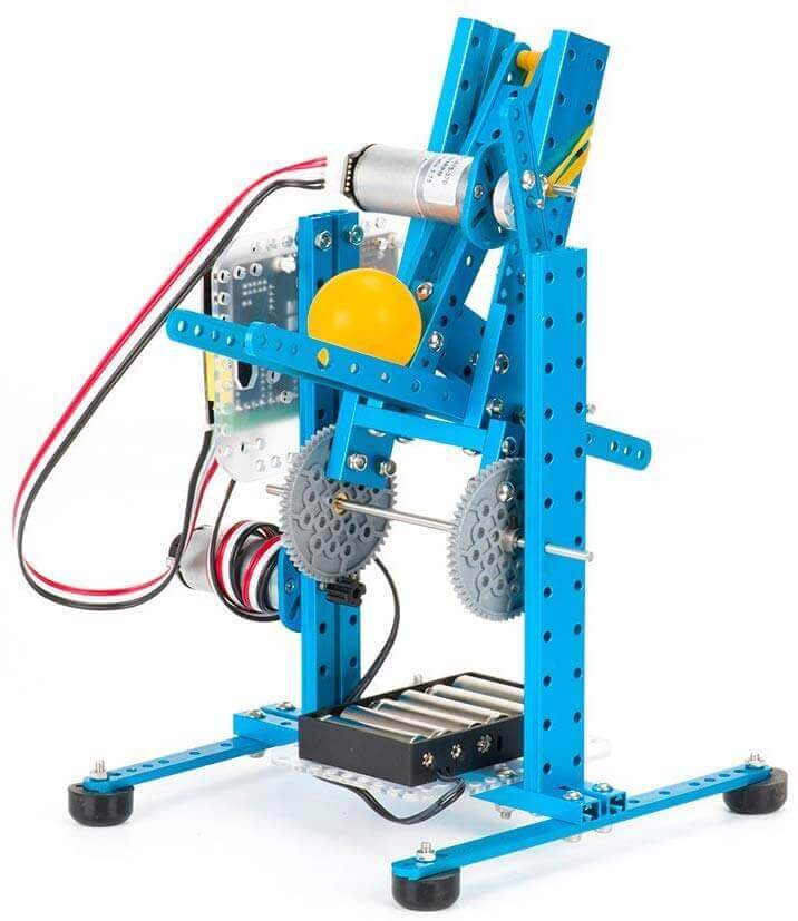 Makeblock Ultimate Robot Kit V2.0 mBot robotic arm tank, showcasing mechanical structures and electronic components in blue.