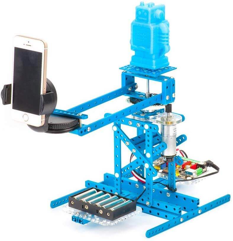 Makeblock Ultimate Robot Kit V2.0 mBot with smartphone holder and robotic arm structure in blue.