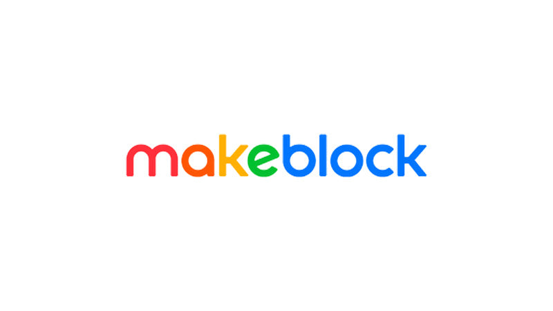 Colorful makeblock logo featuring modern typography on a white background.