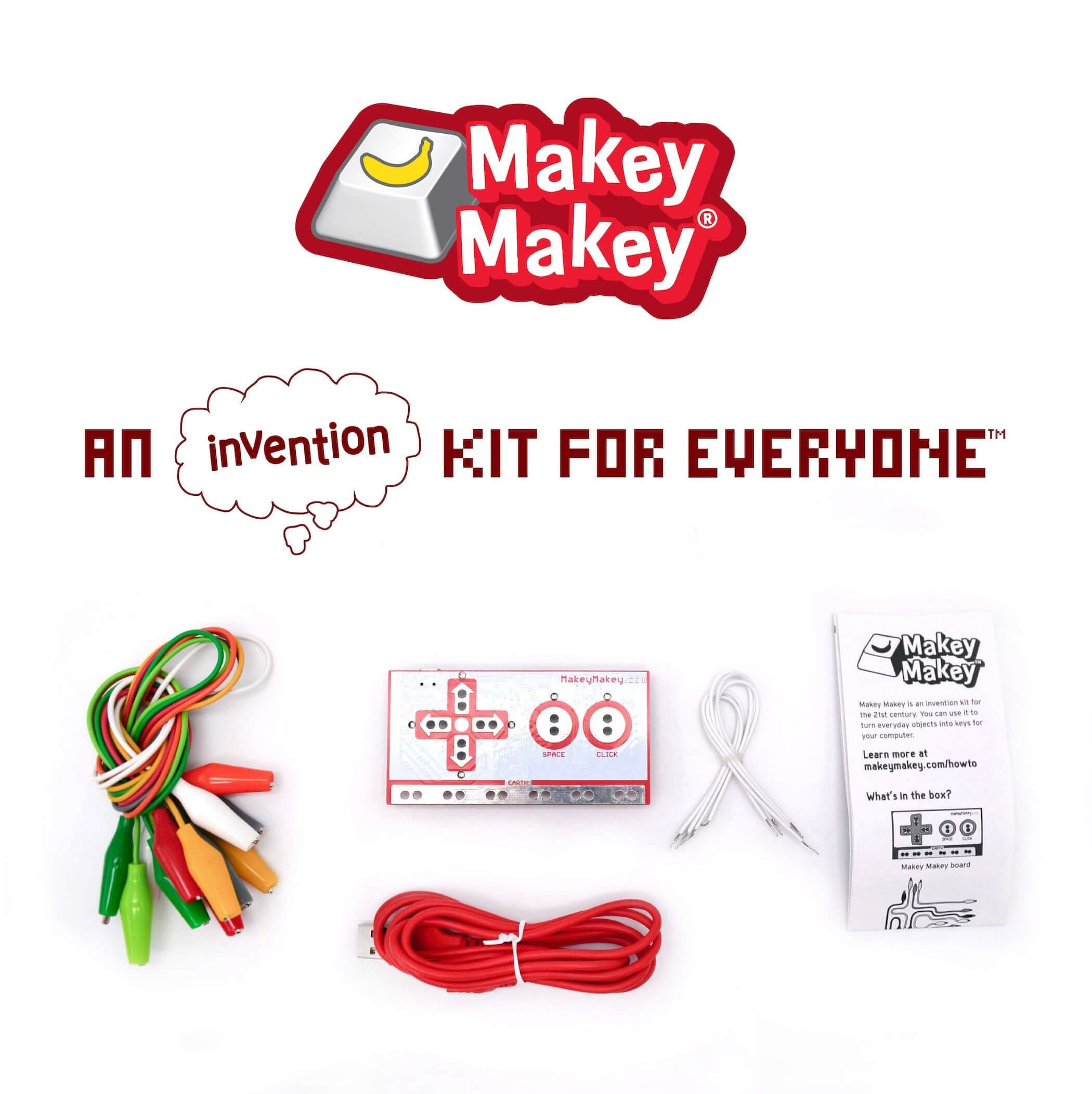 Makey Makey Classic Invention Literacy Kit with all components, including alligator clips and instructions.