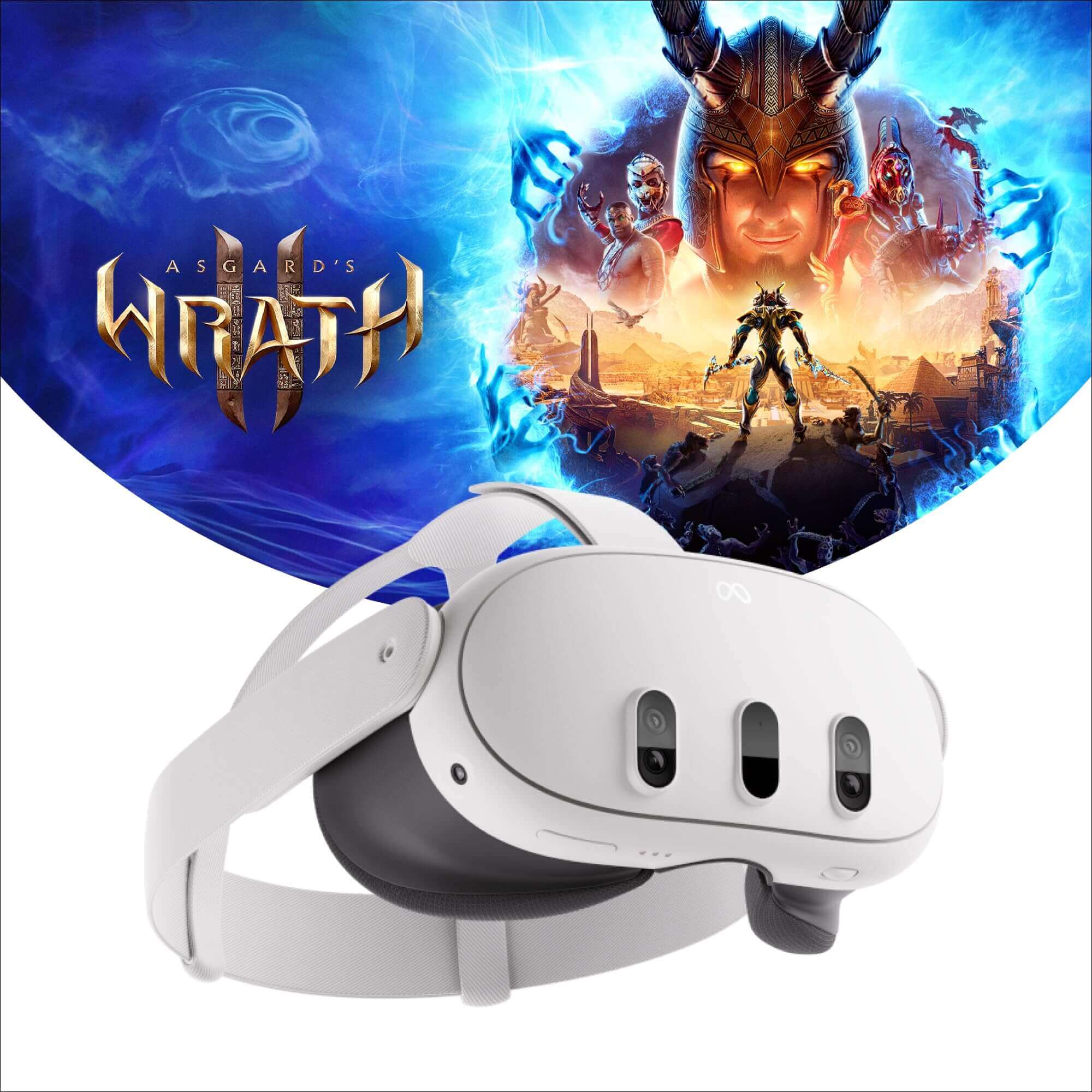 Meta Oculus Quest 3 headset with Asgard's Wrath game background, showcasing mixed reality capabilities.