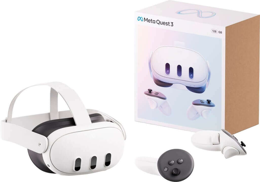 Meta Quest 3 128GB mixed reality headset with controllers and packaging for immersive experiences.