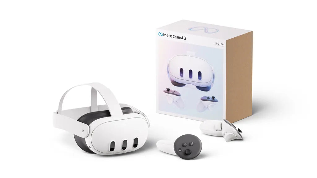 Meta Oculus Quest 3 512GB mixed reality headset and controller in packaging on display.