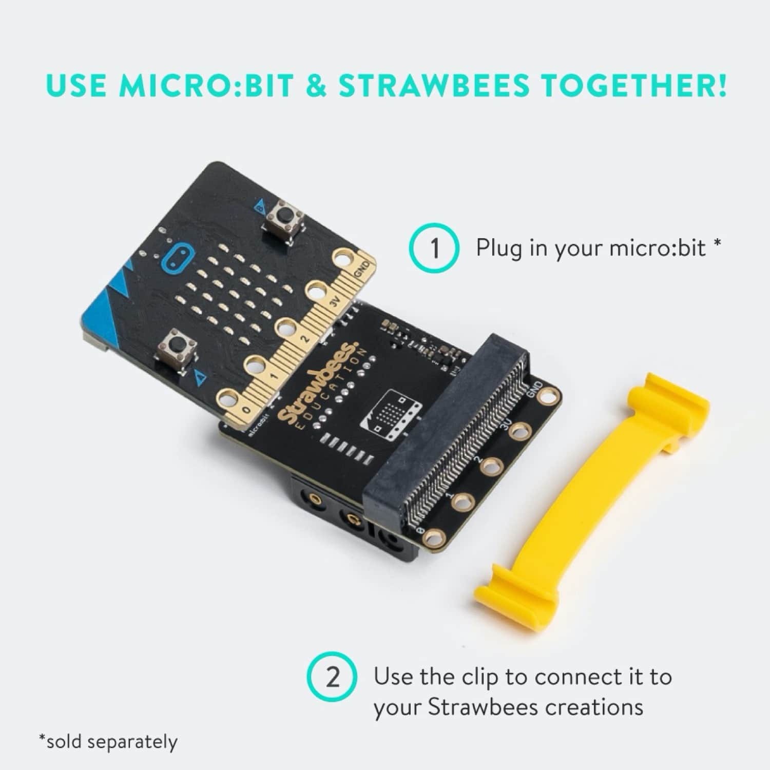 Micro:bit and Strawbees robotics board for classroom projects, featuring clip connection for creativity.