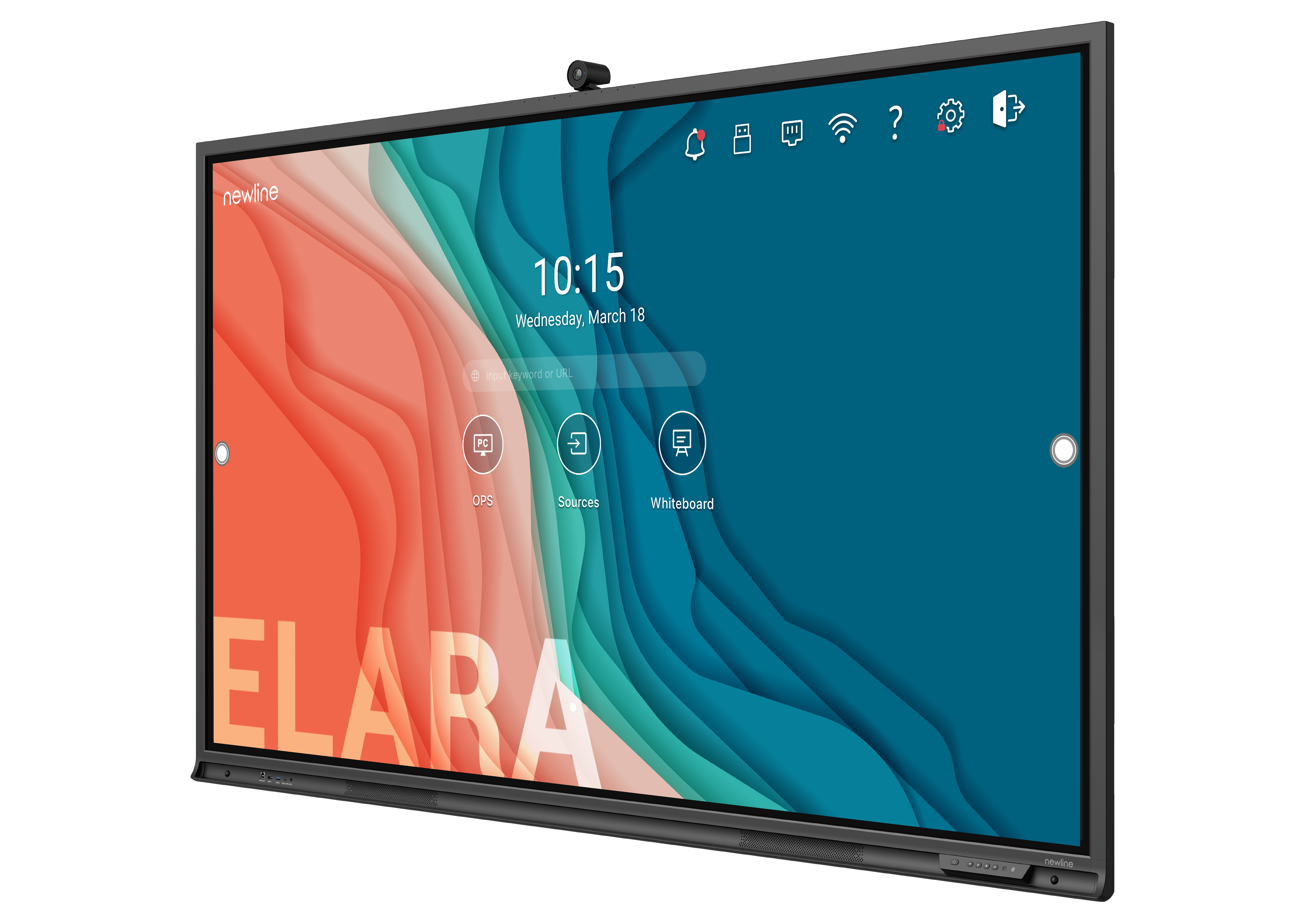 Newline Elara 65" 4K interactive touchscreen display with colorful interface and integrated controls.