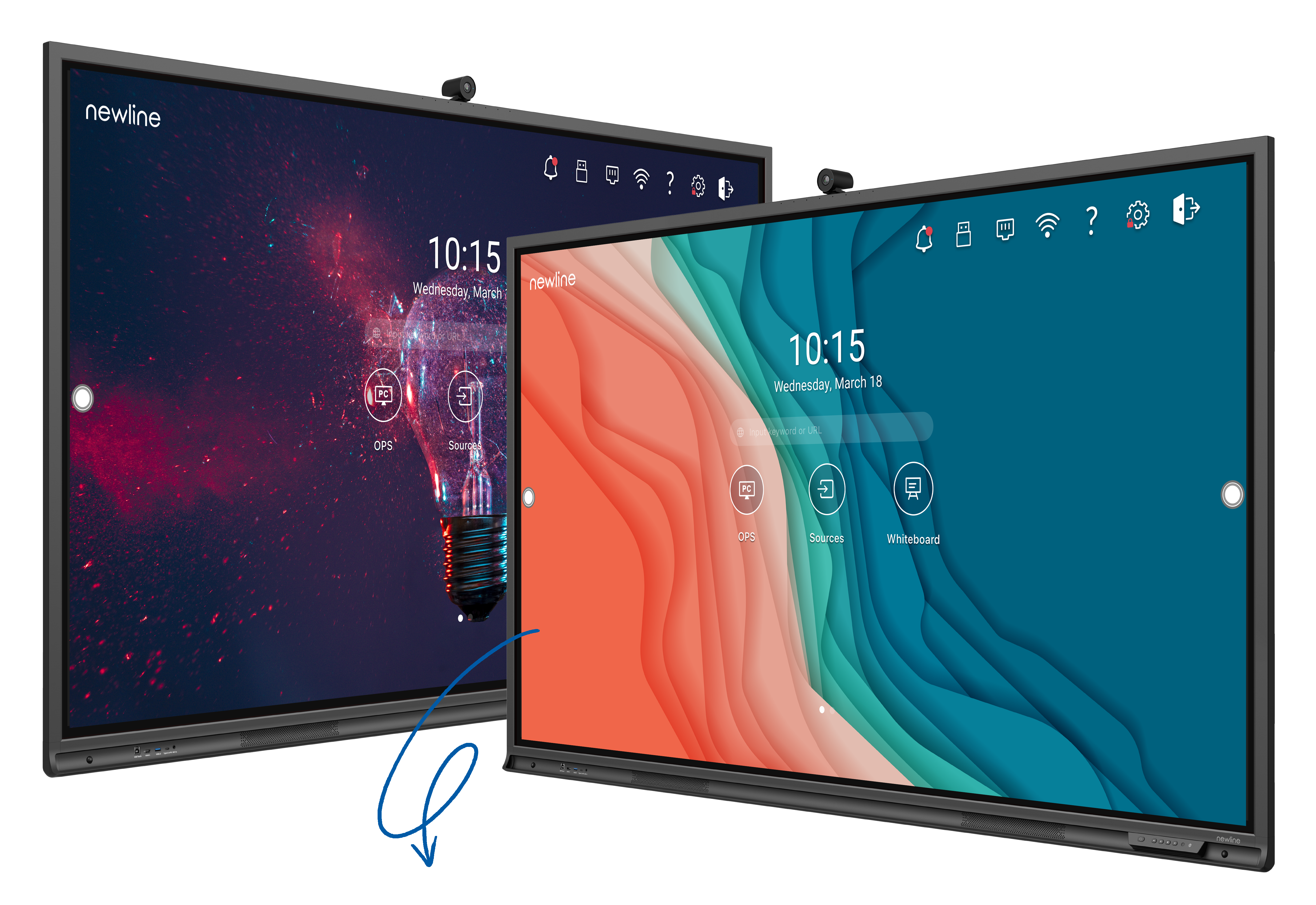 Newline Elara 75" 4K interactive touchscreen with dual screens showcasing vibrant interfaces for presentations and meetings.