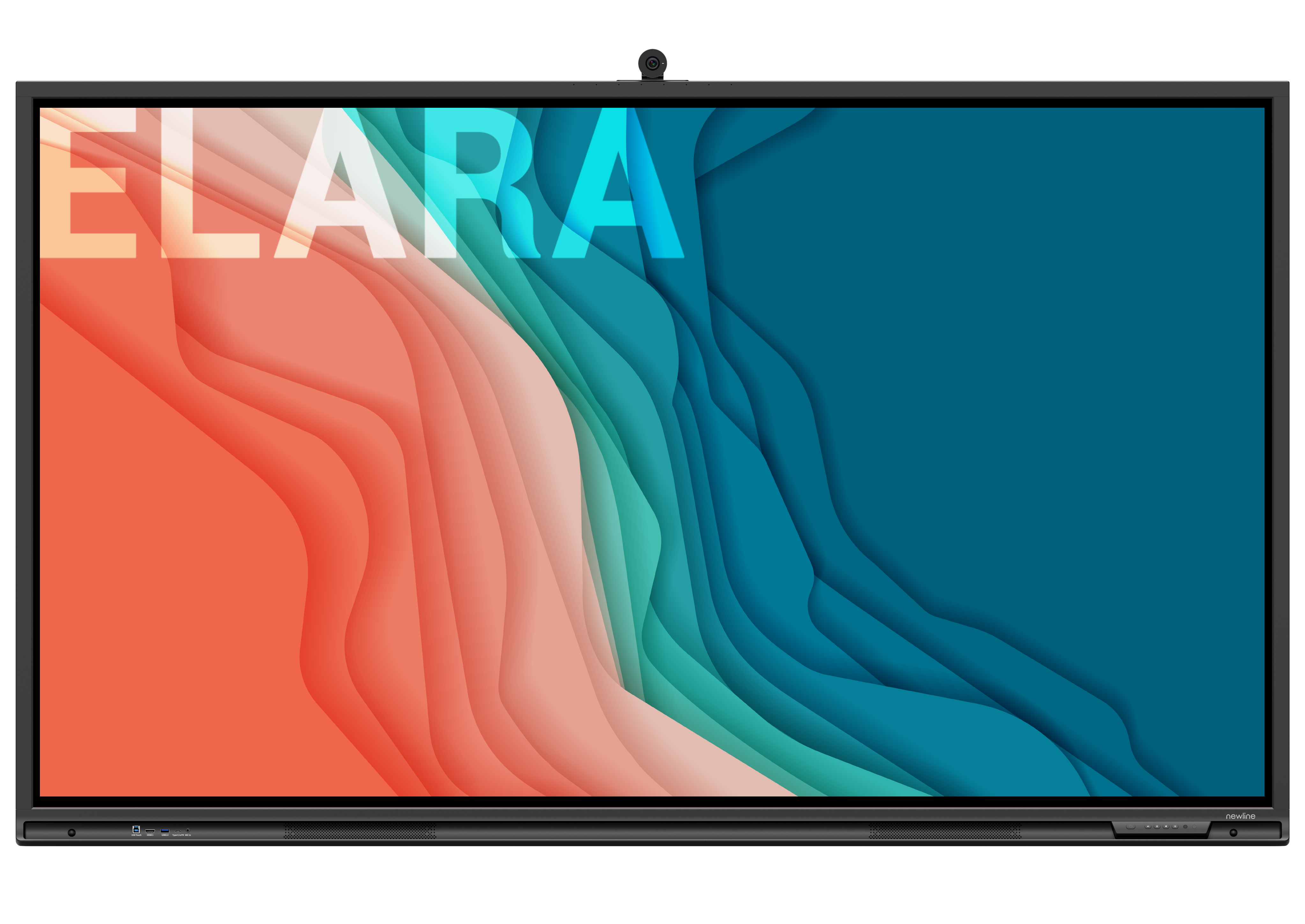 Newline Elara 75" 4K interactive touchscreen displaying colorful abstract graphics, ideal for video conferencing.