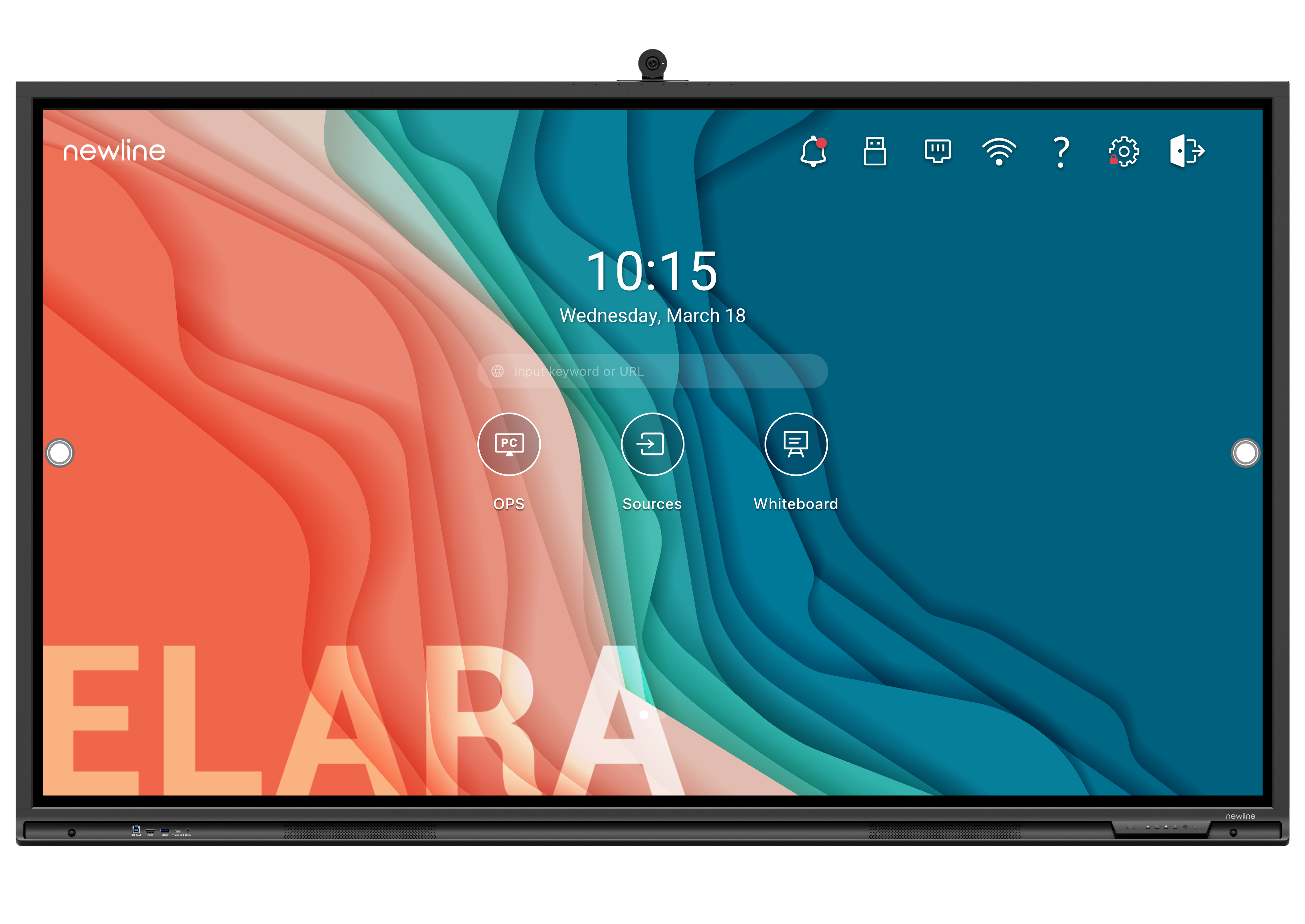 Newline Elara 86" 4K interactive touchscreen with colorful interface and built-in camera.