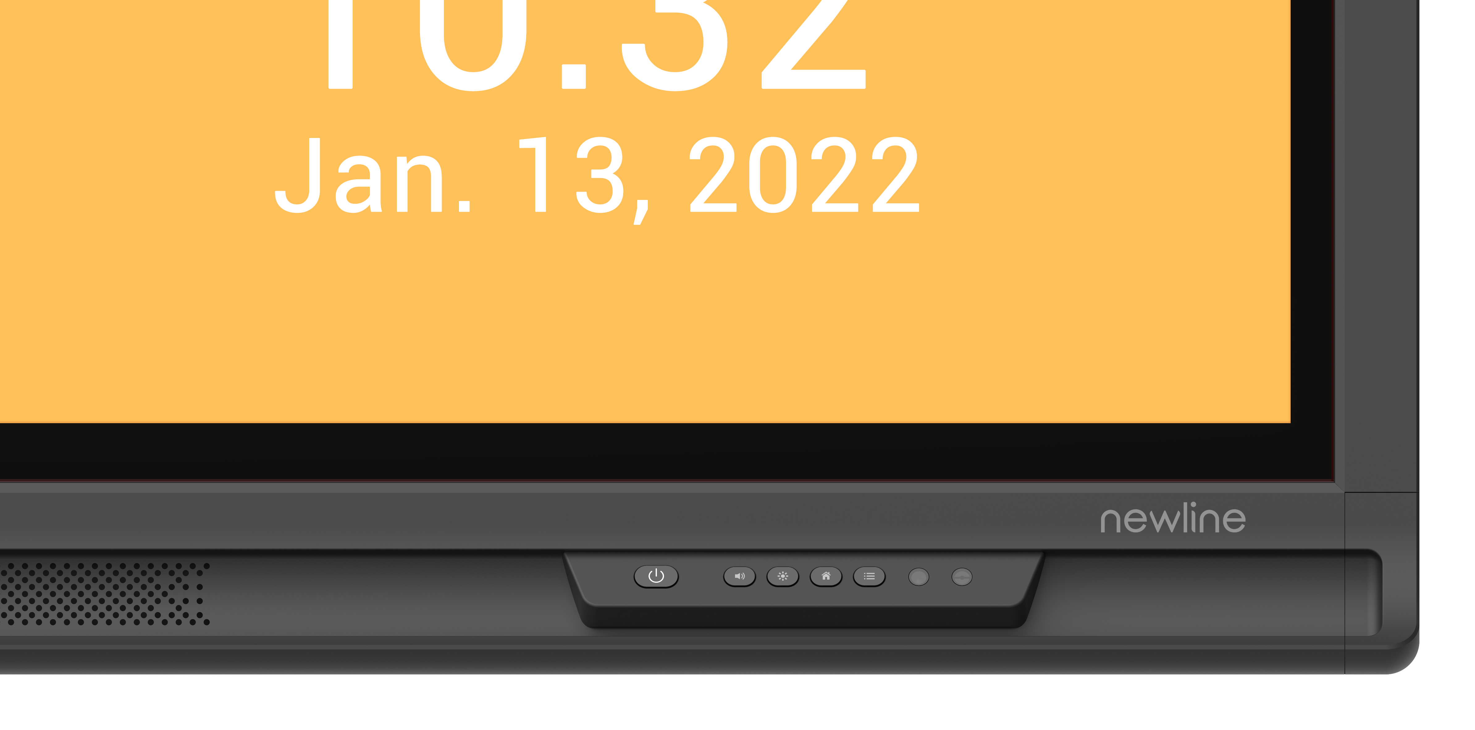 Newline Lyra 75" Touch Screen display showing time and date on vibrant orange background.