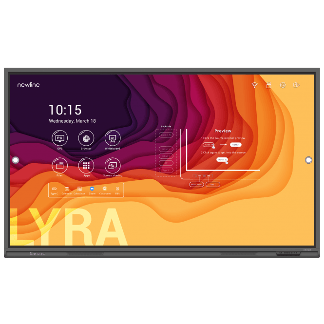 Newline Lyra 86-inch touch screen with 4K resolution, 20 touch points, and embedded blue light filter.