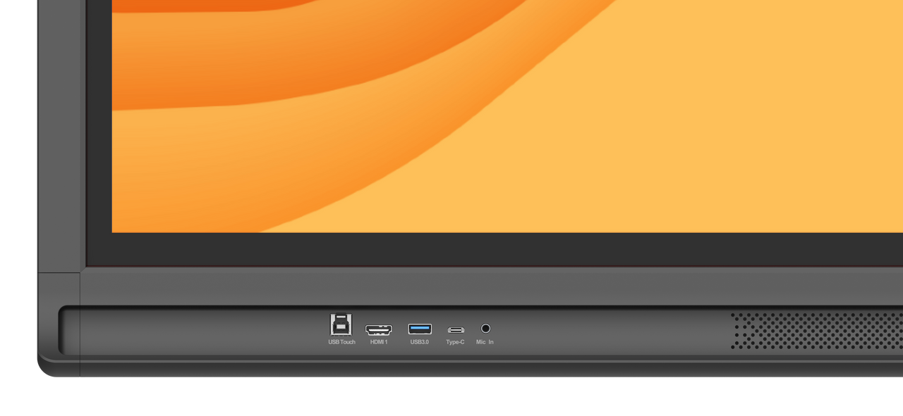 Close-up of Newline Lyra 98" Touch Screen ports, showcasing USB, HDMI, and Type-C connections.