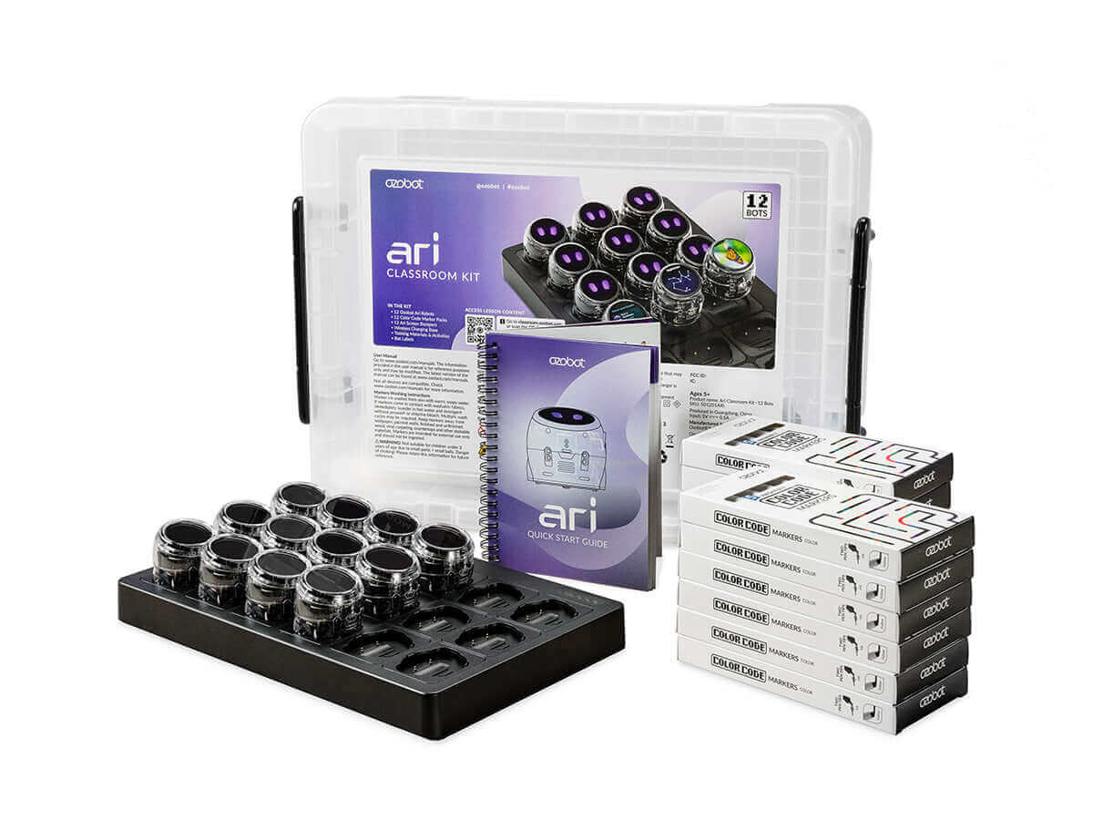 Ozobot Ari Classroom Kit showcasing 12 bots, instruction booklet, and coding cards for K12 education.