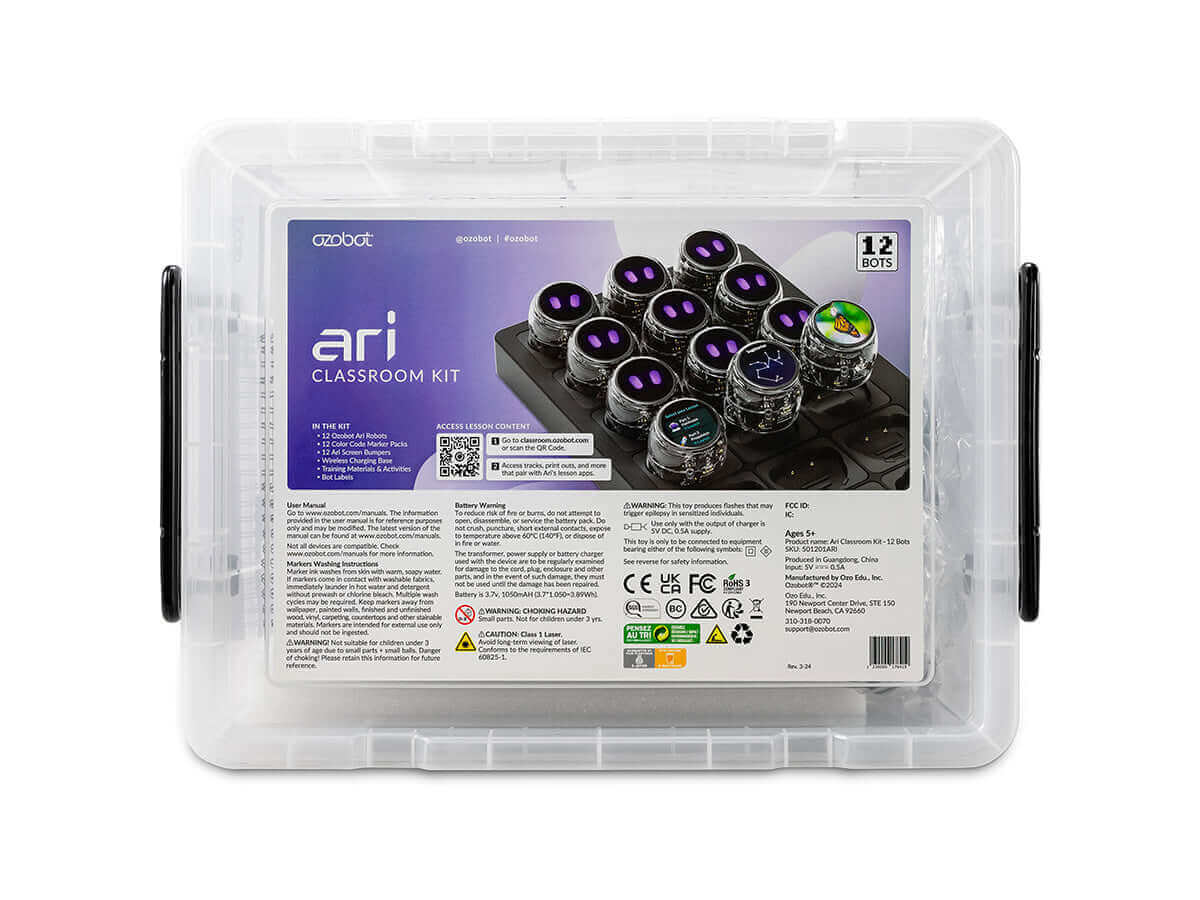 Ozobot Ari Classroom Kit with 12 interactive bots in a clear storage case for teaching K12 computer science.