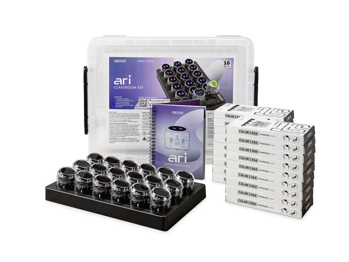 Ozobot Ari Classroom Kit featuring 18 compact bots, lesson guides, and resources for K12 computer science education.