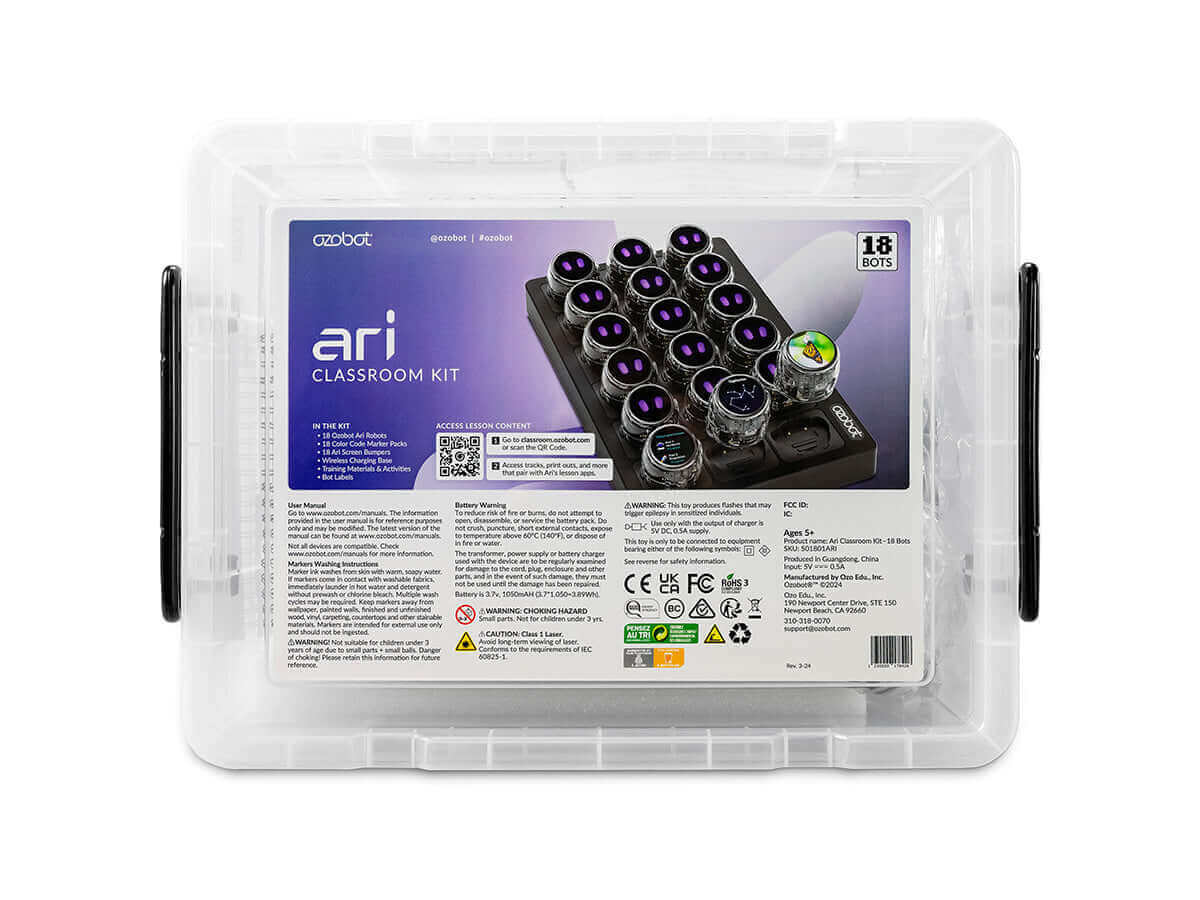 Ozobot Ari Classroom Kit featuring 18 interactive robots for K12 education and computer science learning.