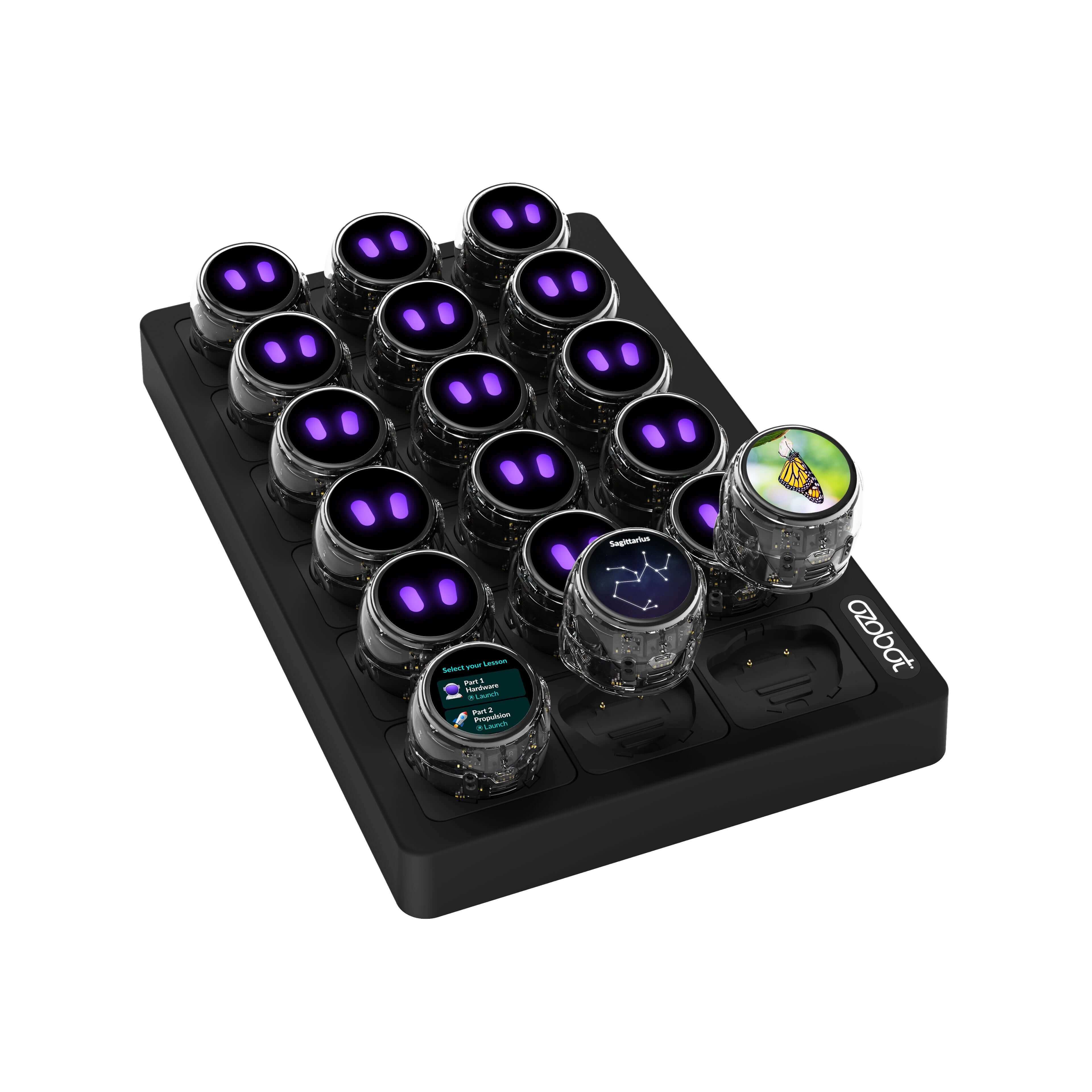 Ozobot Ari Classroom Kit showing 18 interactive robots with vibrant displays for engaging K12 learning.