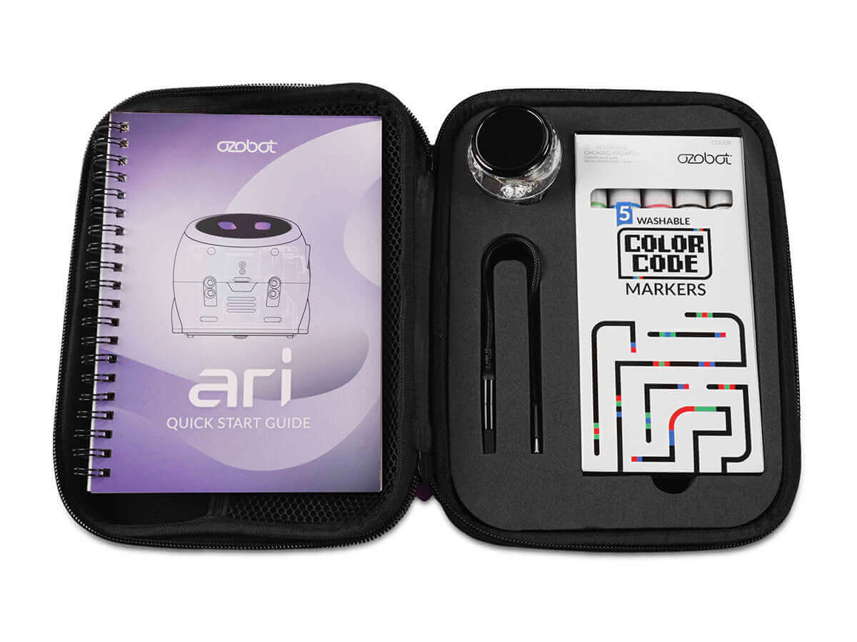 Ozobot Ari Entry Kit with quick start guide, color code markers, and accessories for interactive learning.