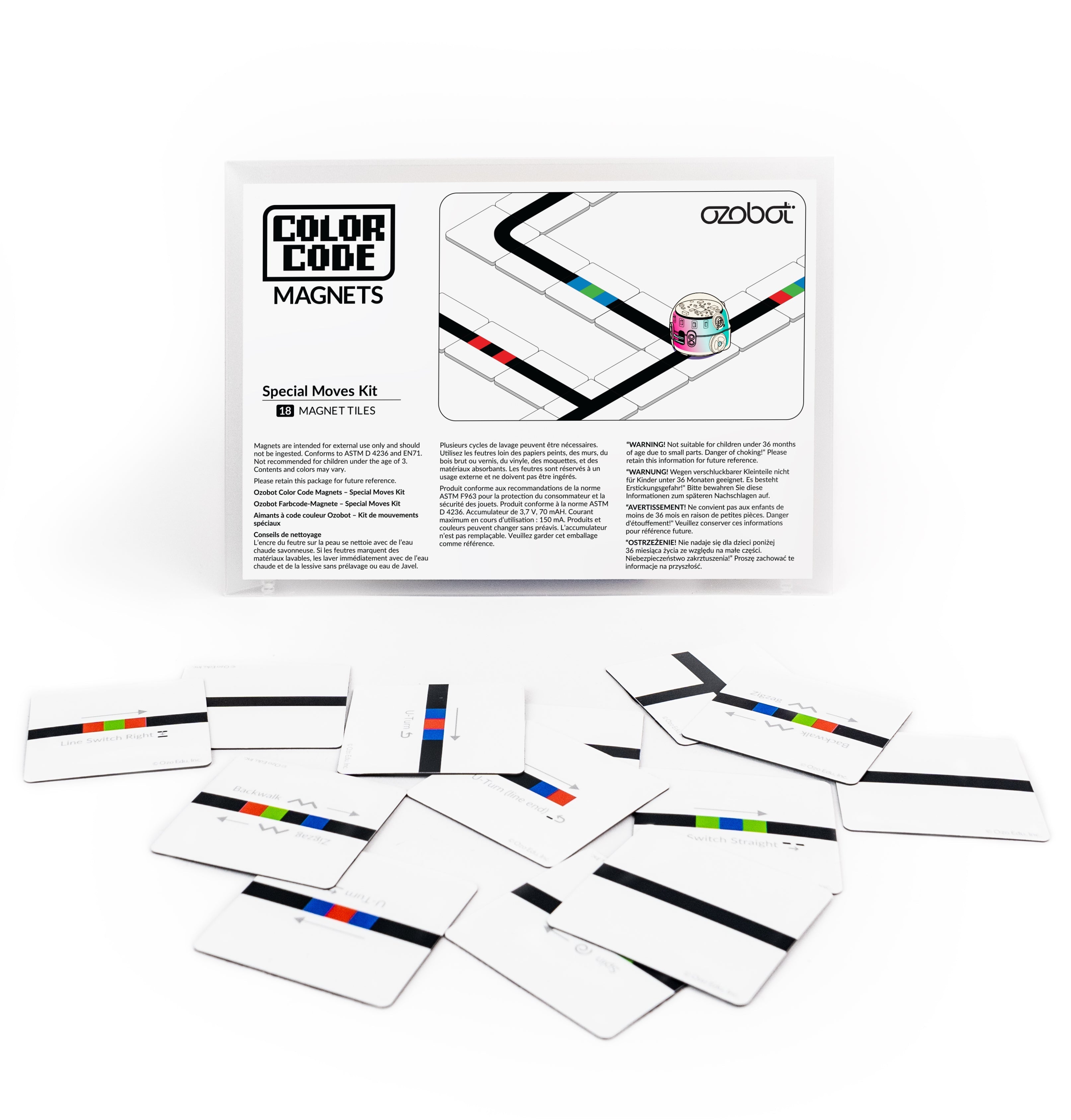 Ozobot Colour Code Magnets Special Moves Kit including 18 puzzle pieces for teaching coding principles.