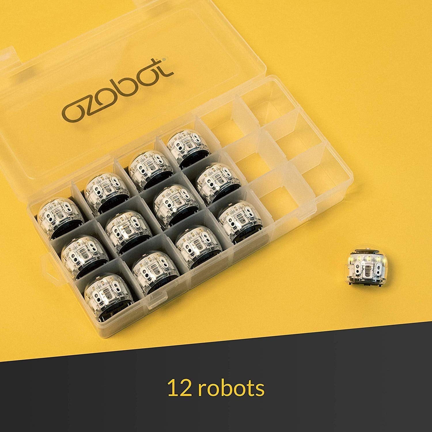 Ozobot Evo Classroom Kit containing 12 robots in a clear storage case against a yellow background.