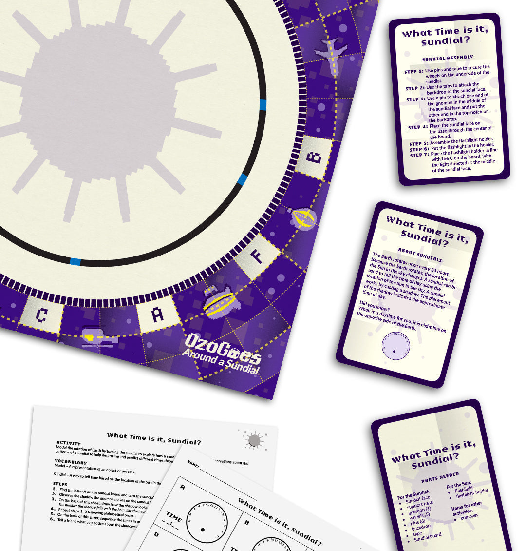 OzoGoes Around A Sundial kit with activity cards, worksheets, and a sundial game board for learning STEAM concepts.