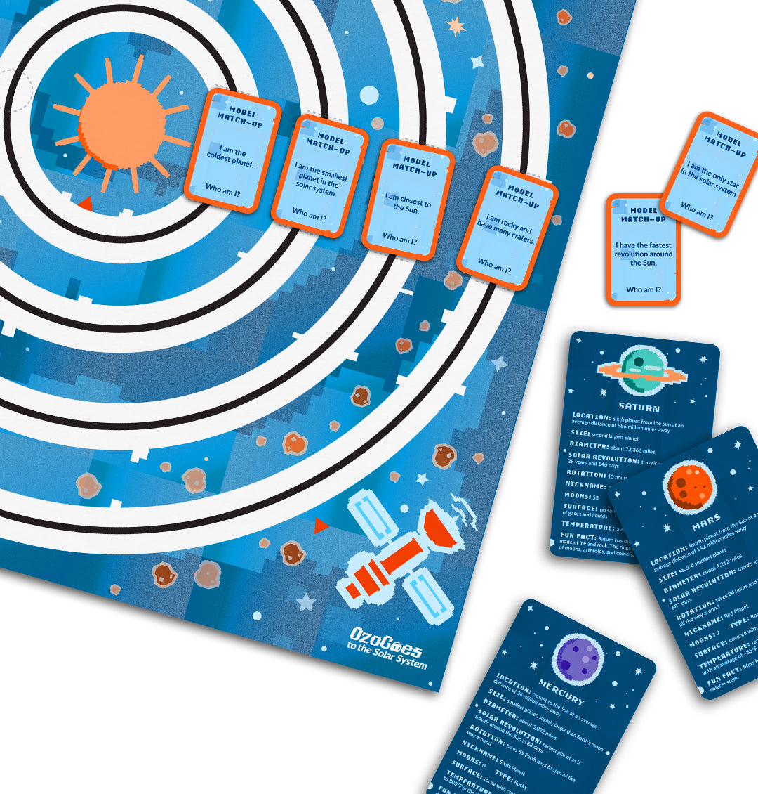 OzoGoes to the Solar System board game with planet cards and educational activities for STEAM learning.