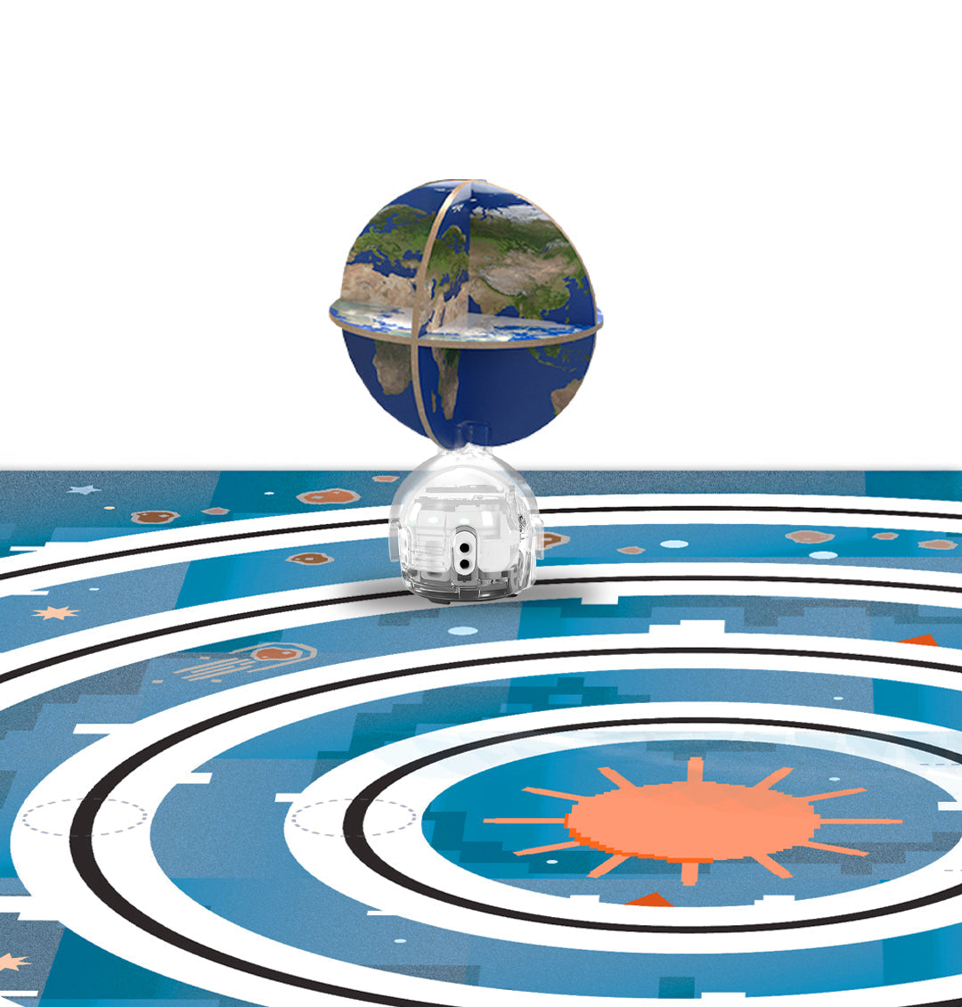 OzoGoes to the Solar System educational kit with globe on a colorful space-themed activity mat.