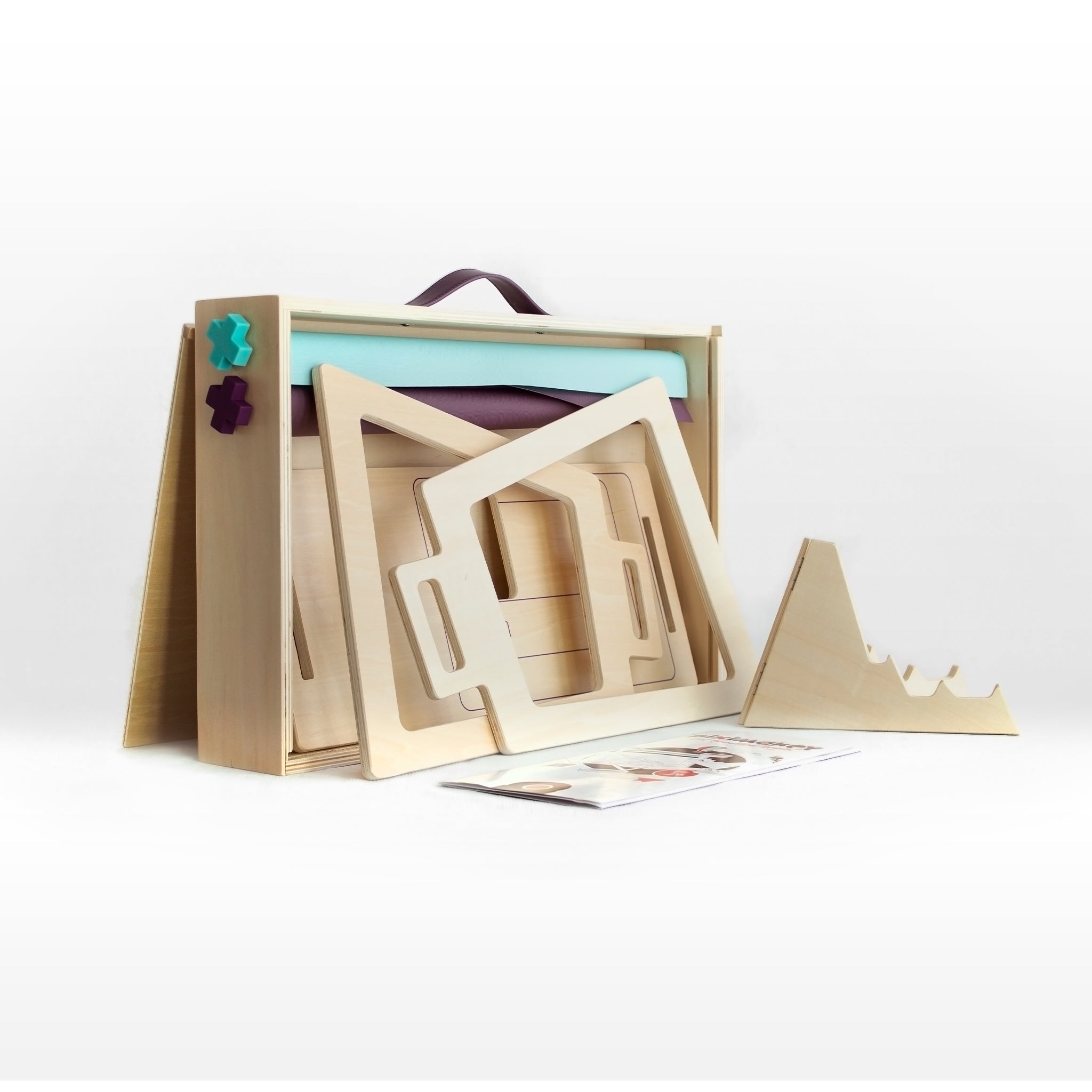 Wooden suitcase with animation tools for kids, designed for stop motion animation and education.