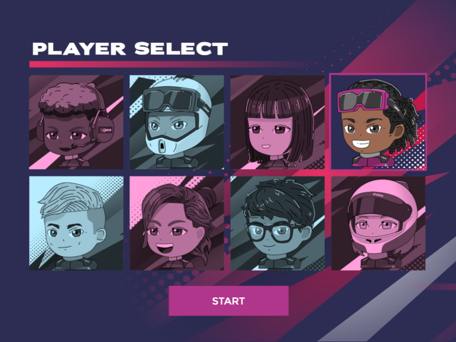 Player select screen showing diverse characters for a racing game in vibrant colors.