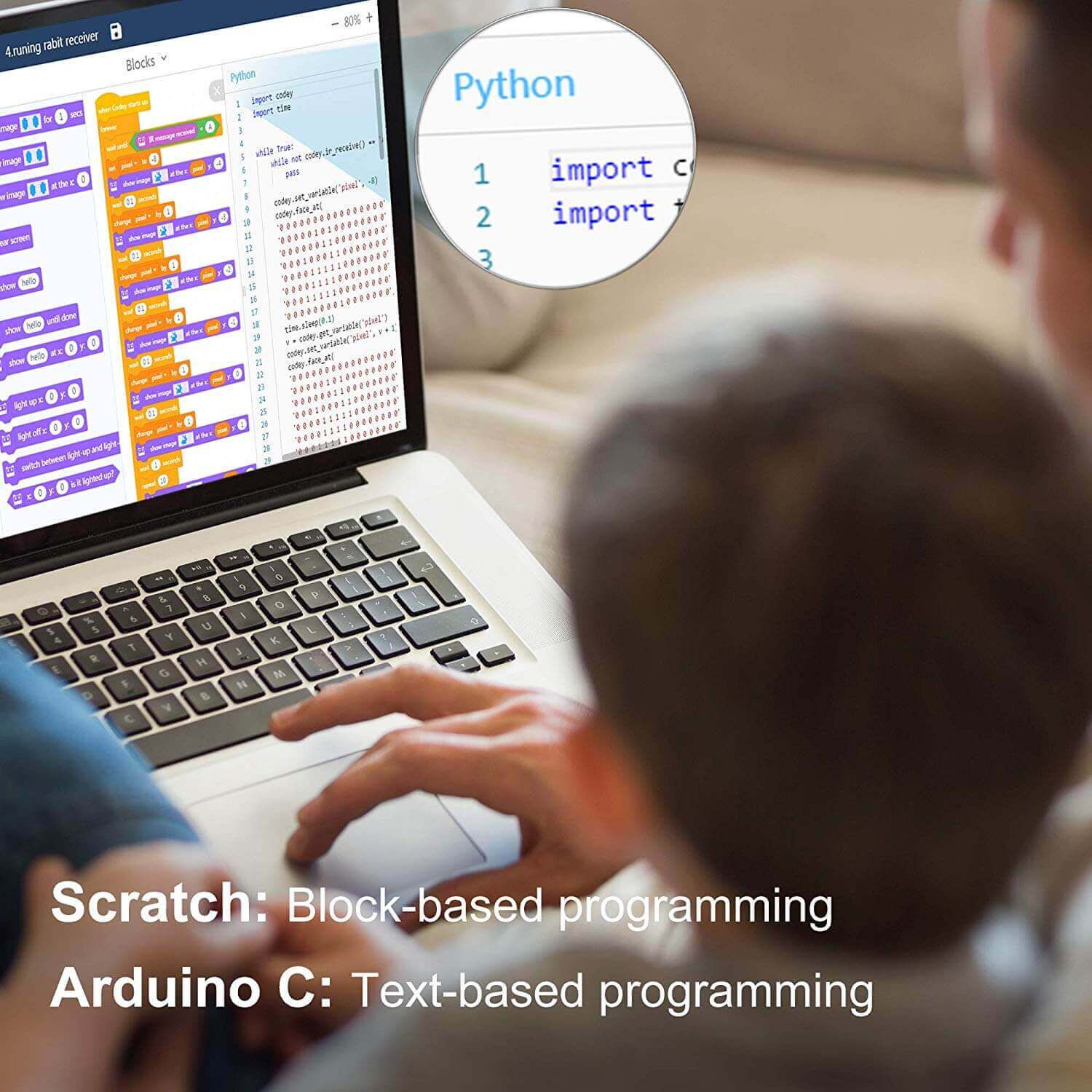 Person using laptop to learn programming languages Scratch and Arduino C for robotics.