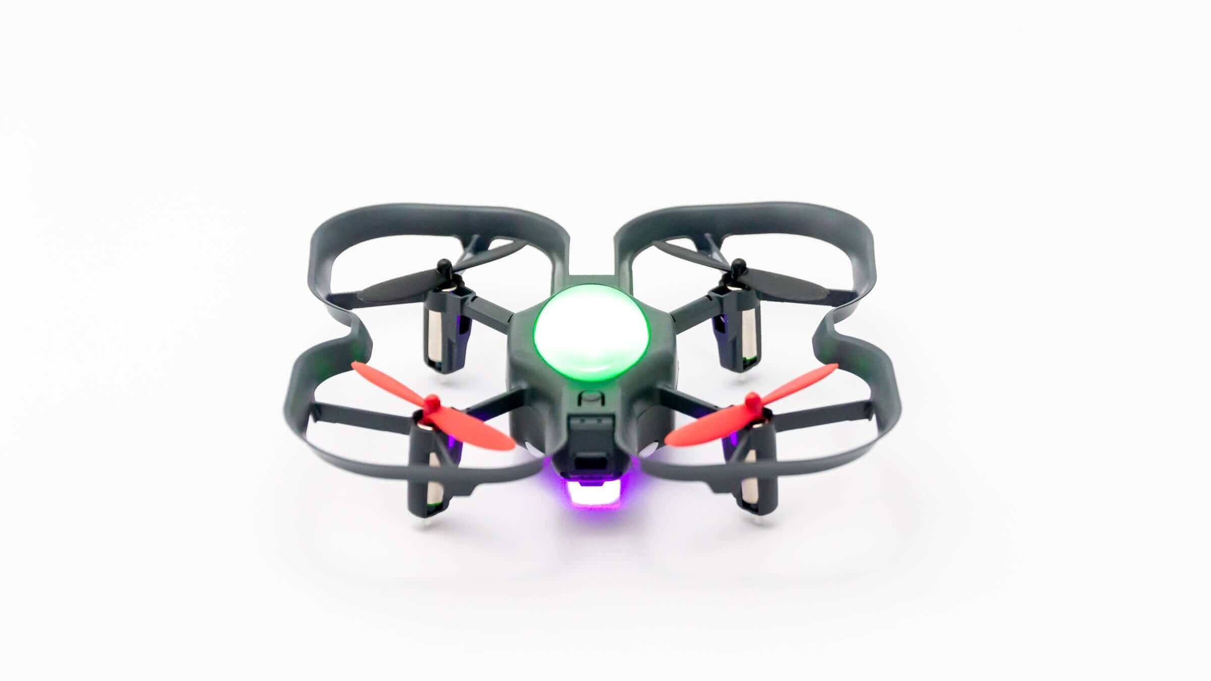 Robolink CoDrone EDU drone with colorful lights, designed for classroom coding and engineering education.