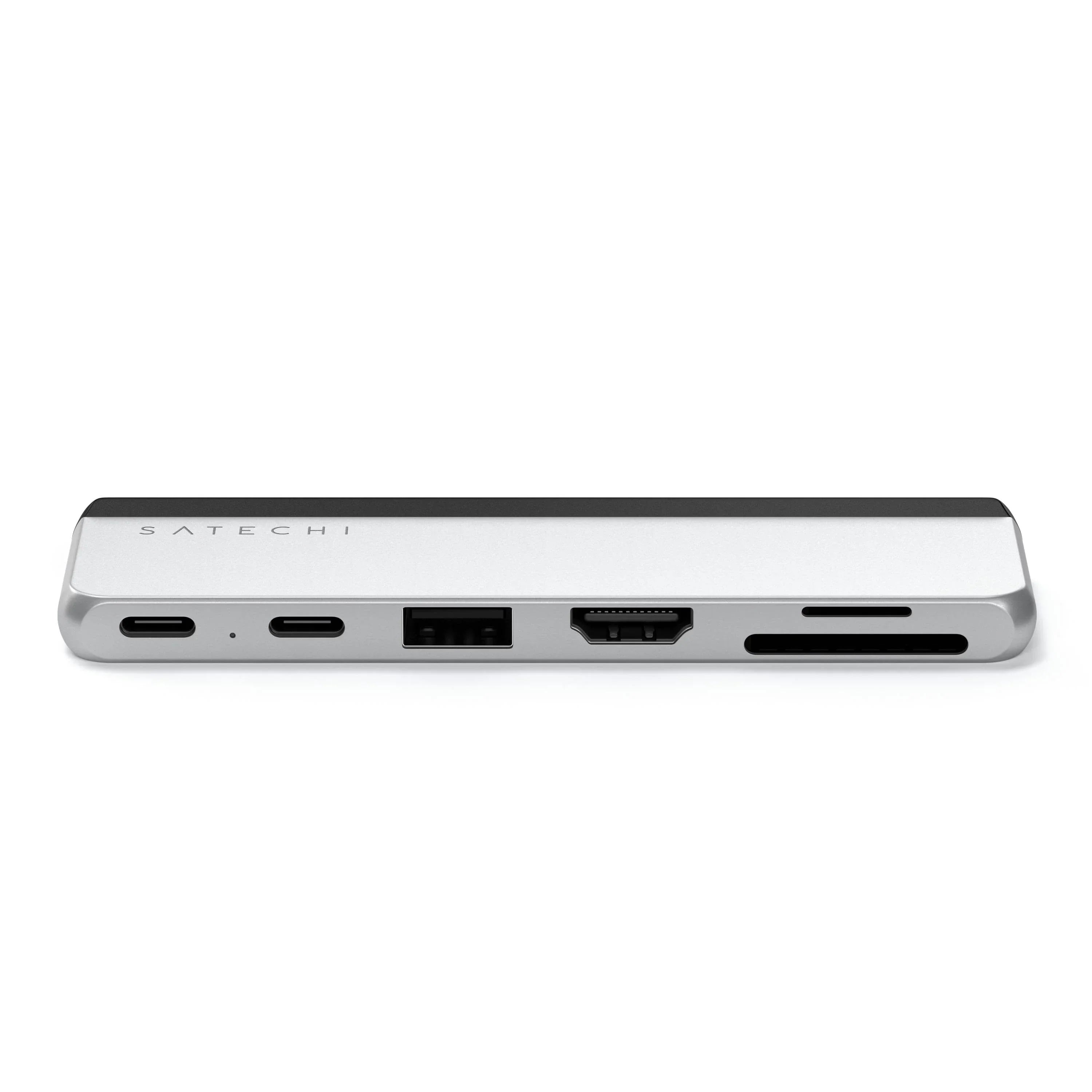 Satechi Dual USB-C Hub for Surface Pro 9 showcasing sleek design and multiple connectivity ports.