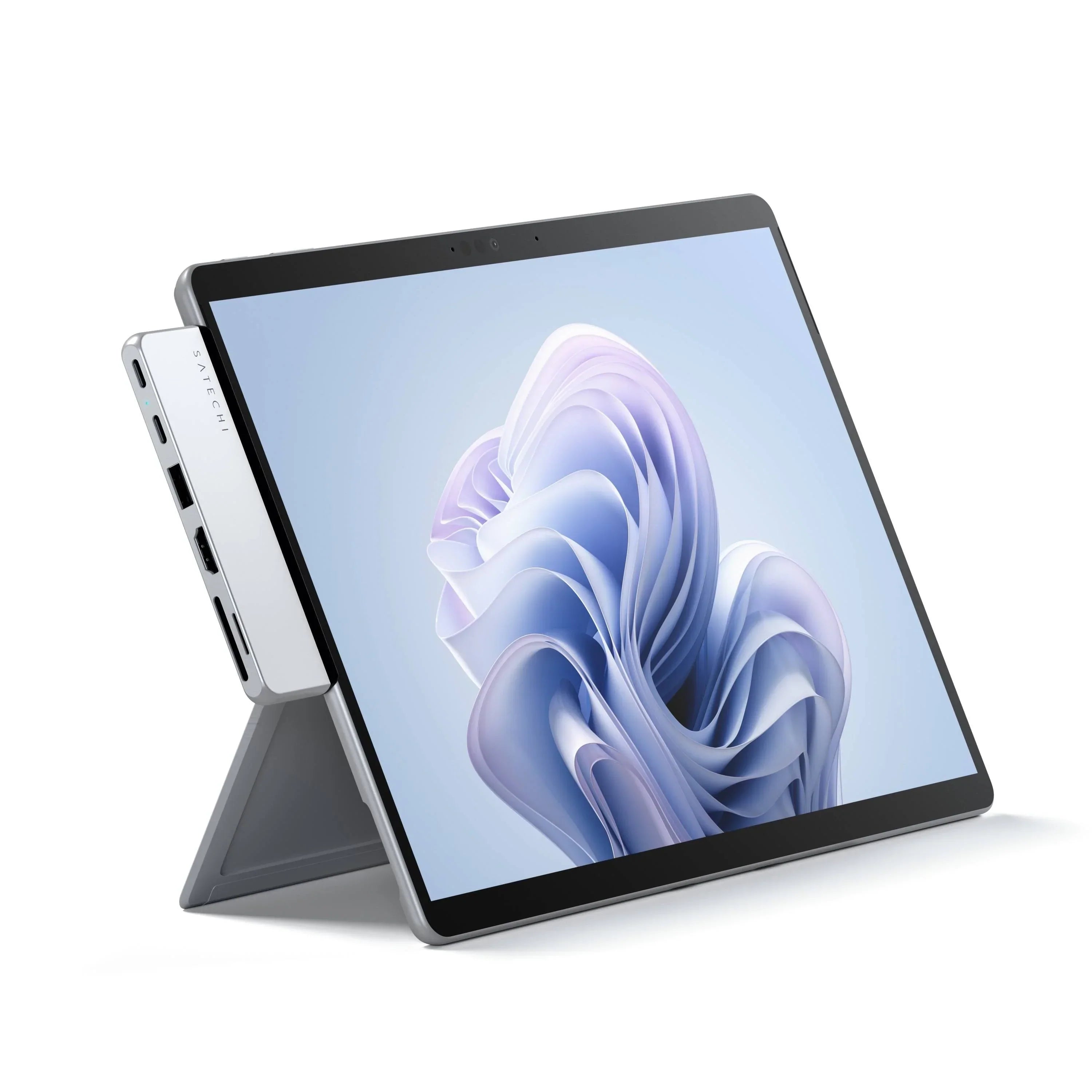Satechi Dual USB-C Hub connected to Surface Pro 9, enhancing connectivity and performance in a sleek design.