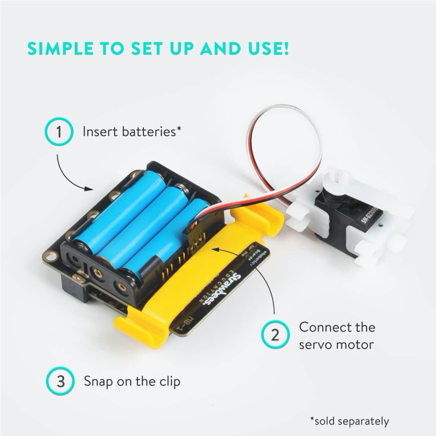 Step-by-step setup instructions for connecting batteries and servo motor in a robotics project.
