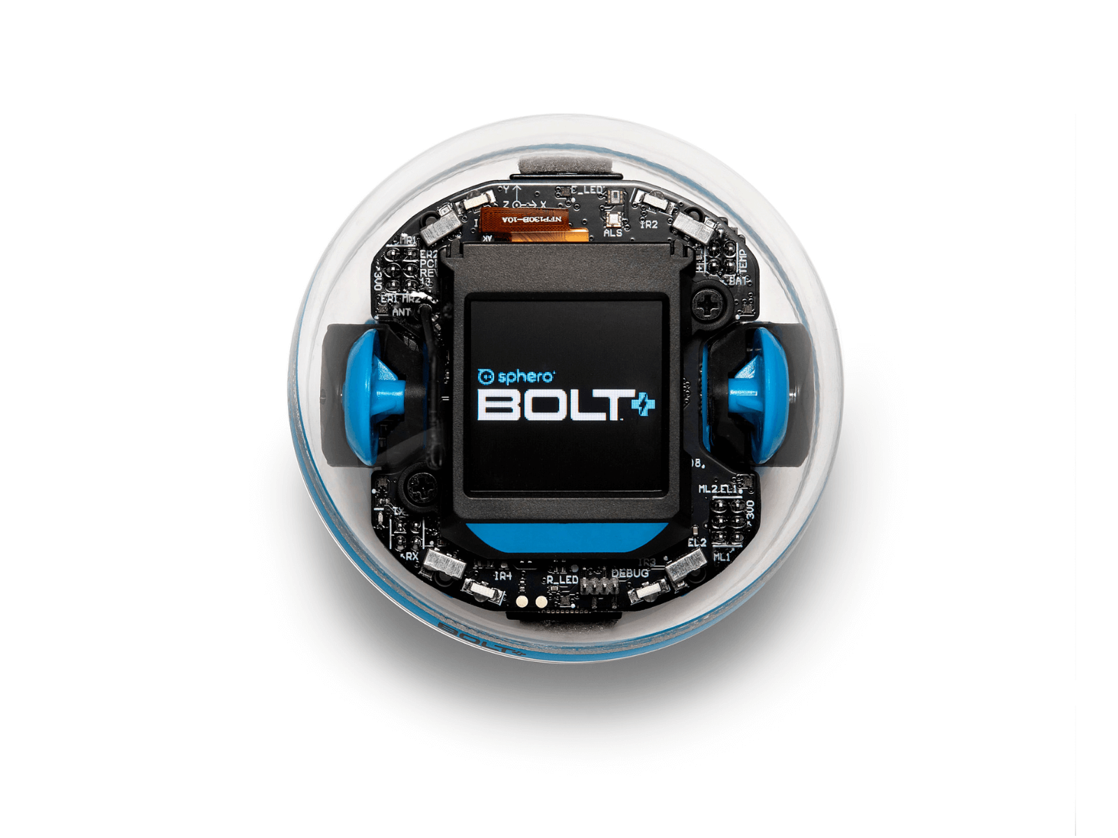 Top view of Sphero BOLT+ programmable robot showcasing sensors and vibrant design for coding education.