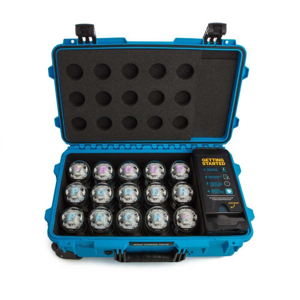 Sphero BOLT Power Pack containing 15 charging robots in a blue carrying case for easy storage and transport.
