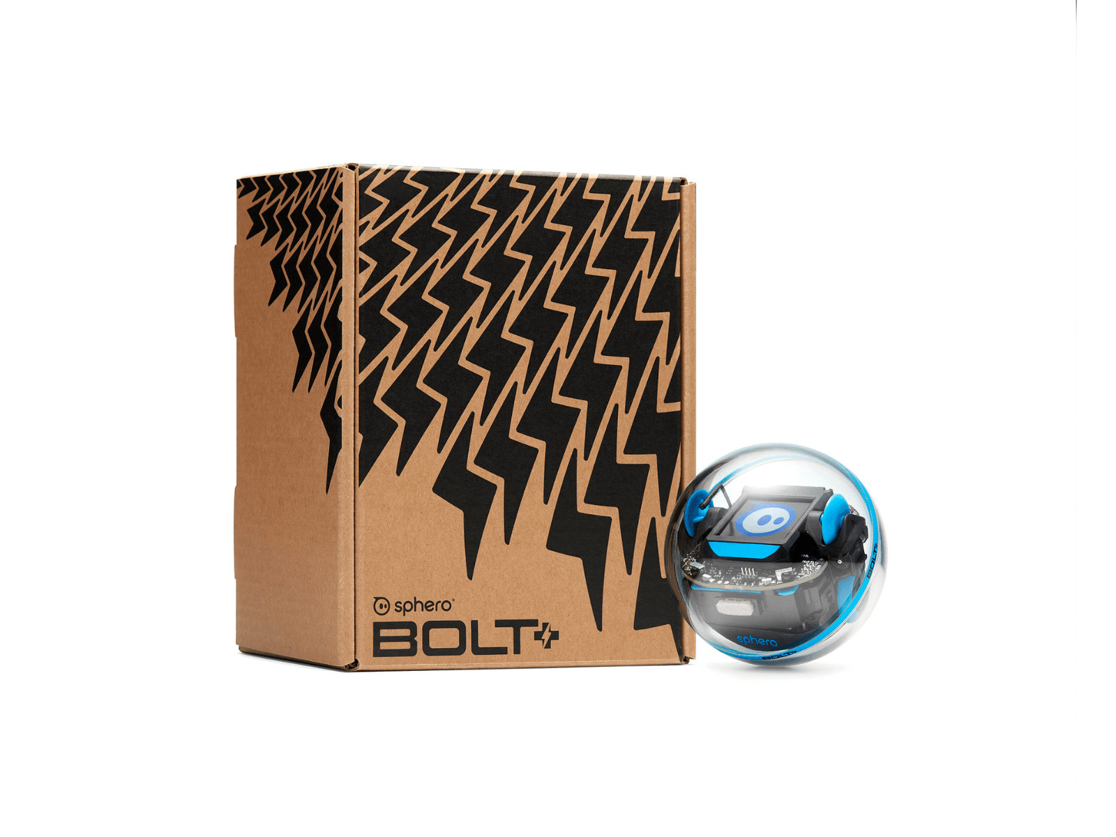 Sphero BOLT+ robot next to its packaging, showcasing an engaging coding and learning tool for classrooms.