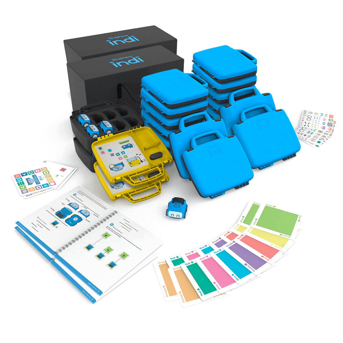 Sphero indi Class Pack with 16 robots, learning materials, and color coding aids for young learners.