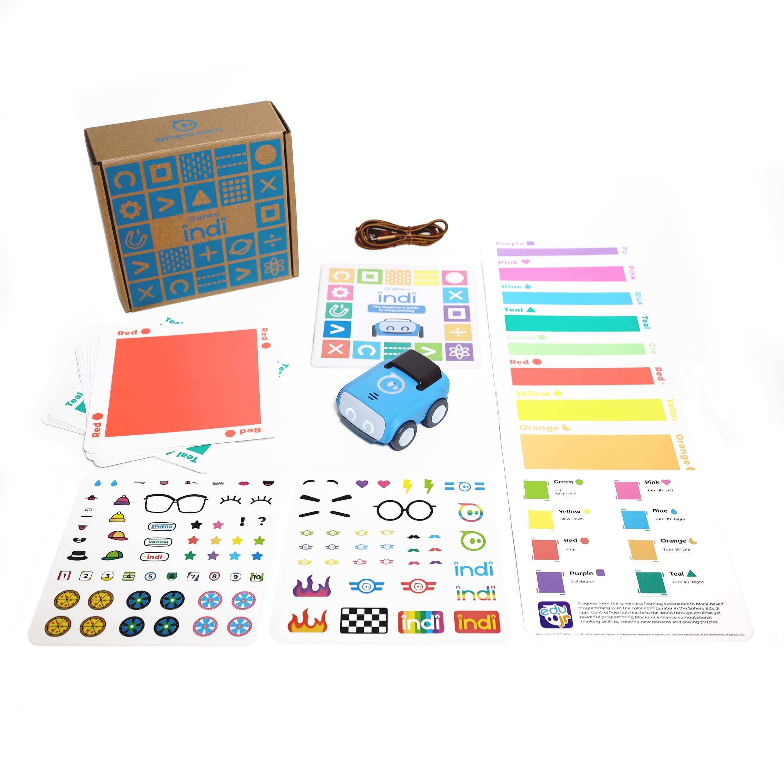 Sphero indi™ robot kit with color cards, stickers, and box for STEAM learning and imaginative play.