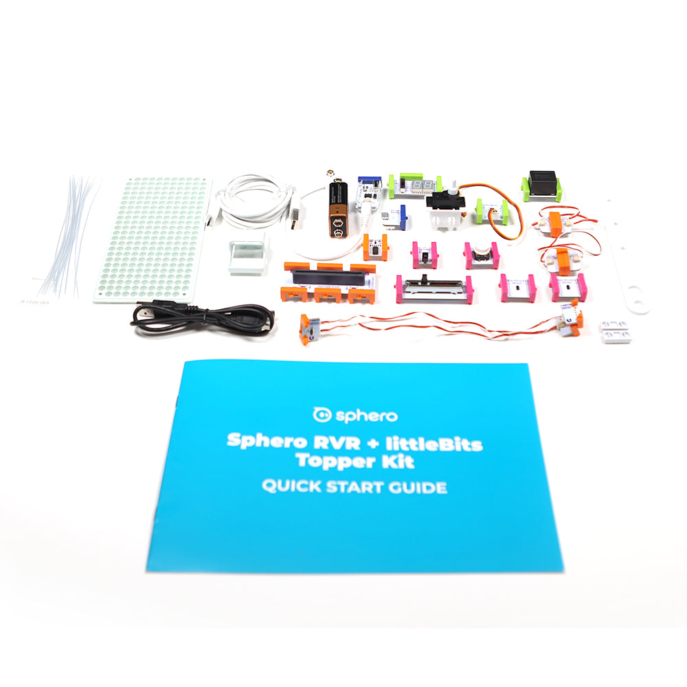 Sphero RVR + littleBits Topper Kit components including a quick start guide and various electronic parts.