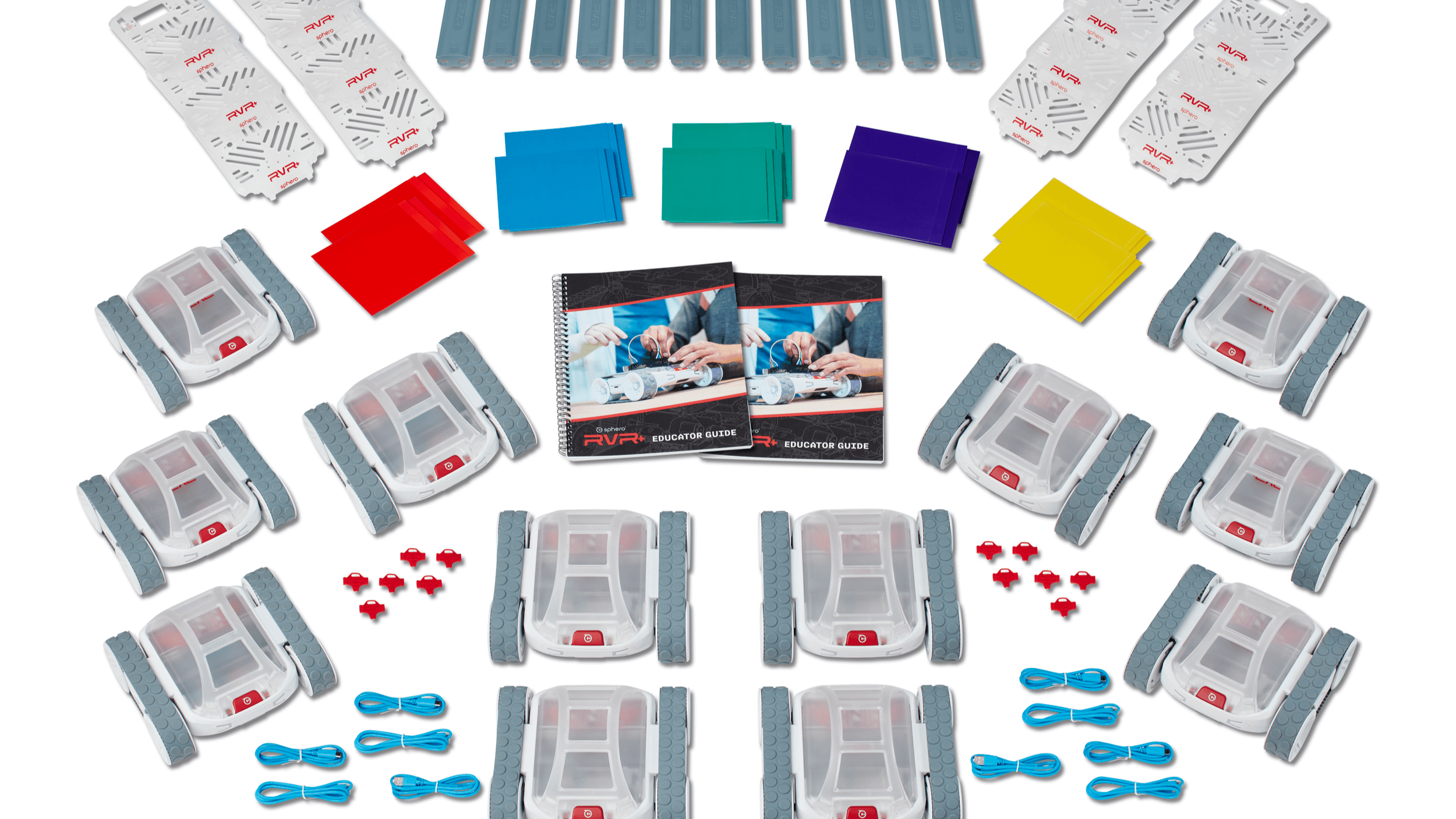 Sphero RVR+ Class Pack with 12 robots, coding materials, and educational guides for hands-on robotics learning.
