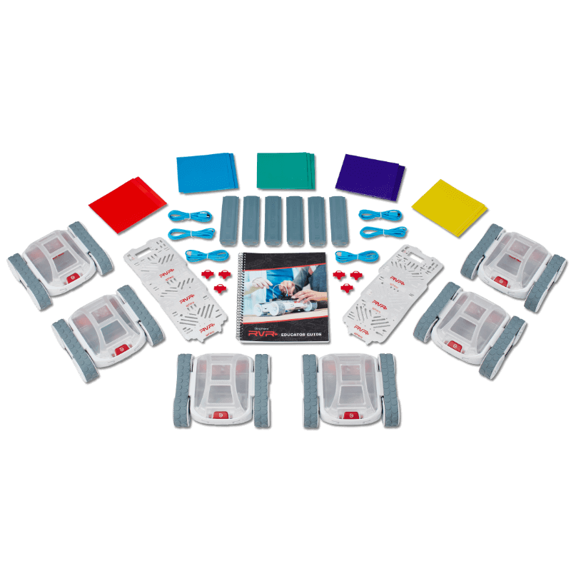 Sphero RVR+ 6 Pack with robots, programming accessories, and educator guide for classroom learning.