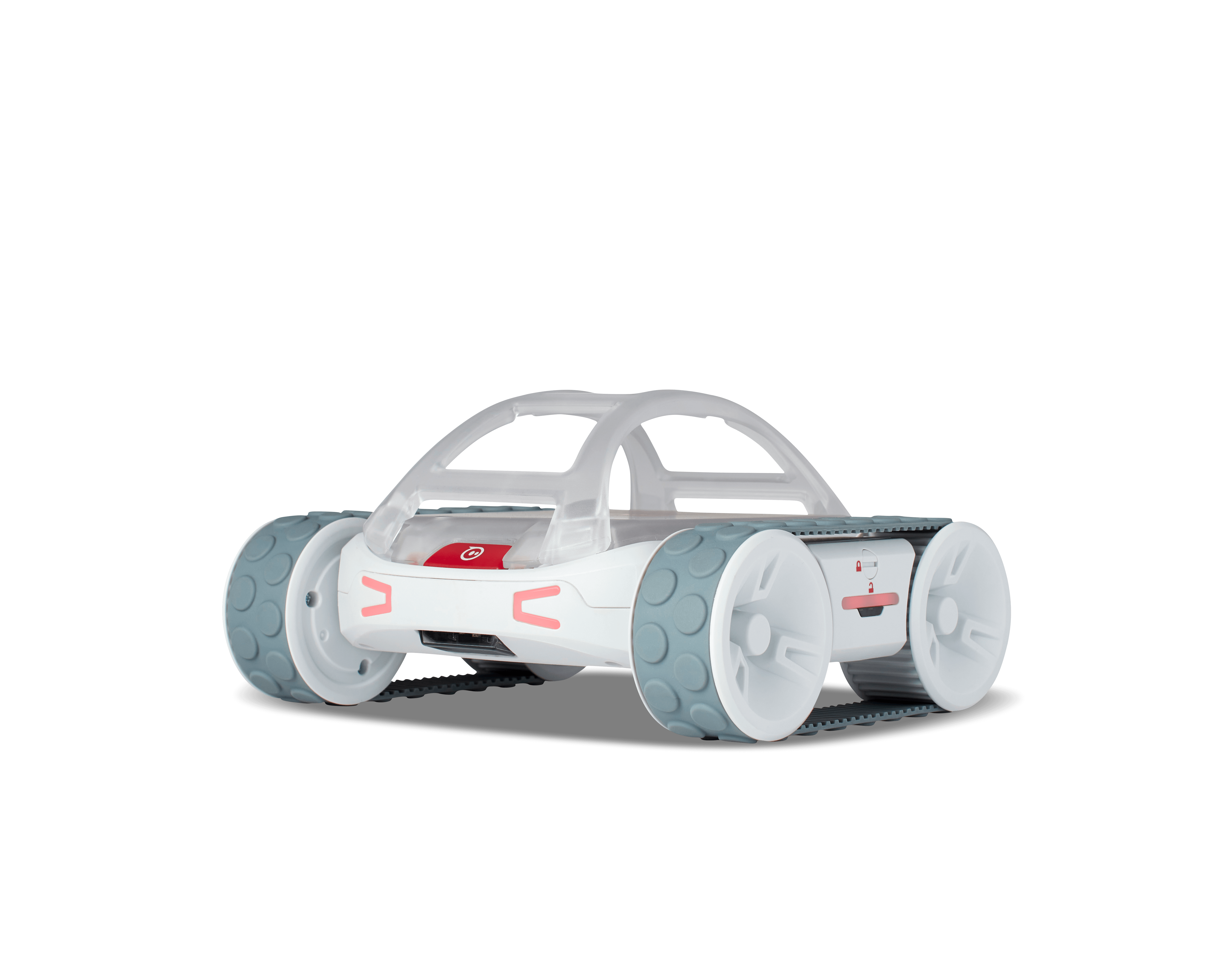 Sphero RVR+ robot designed for classroom robotics programs, featuring six wheels and a sleek, transparent body.