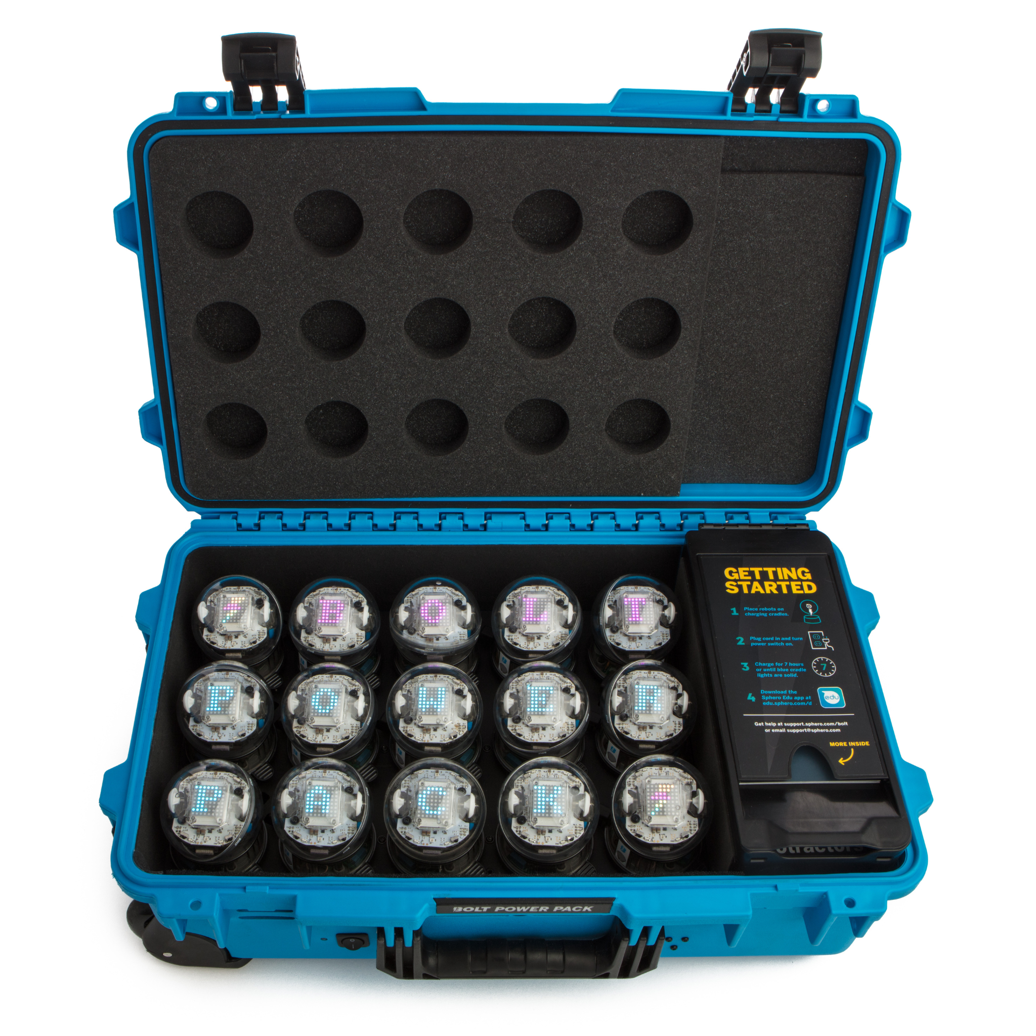 Sphero BOLT Power Pack in a blue carrying case with foam padding and a quick-start guide.