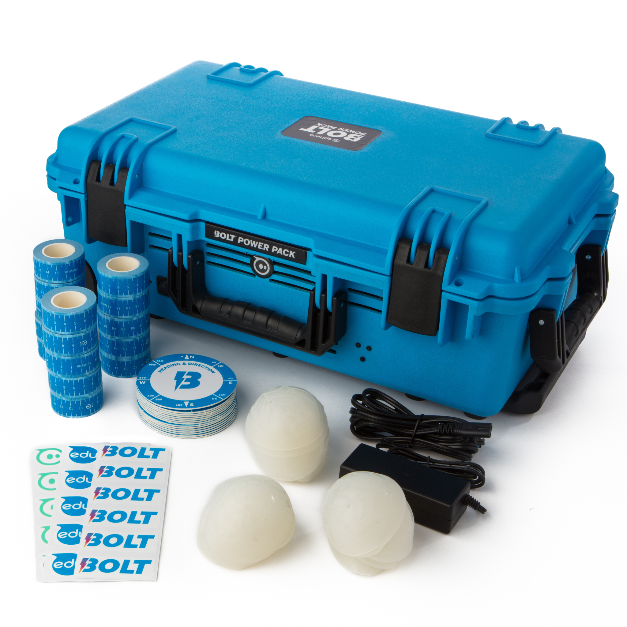 Sphero BOLT Power Pack in blue case with sports accessories and stickers for hands-on learning and coding.