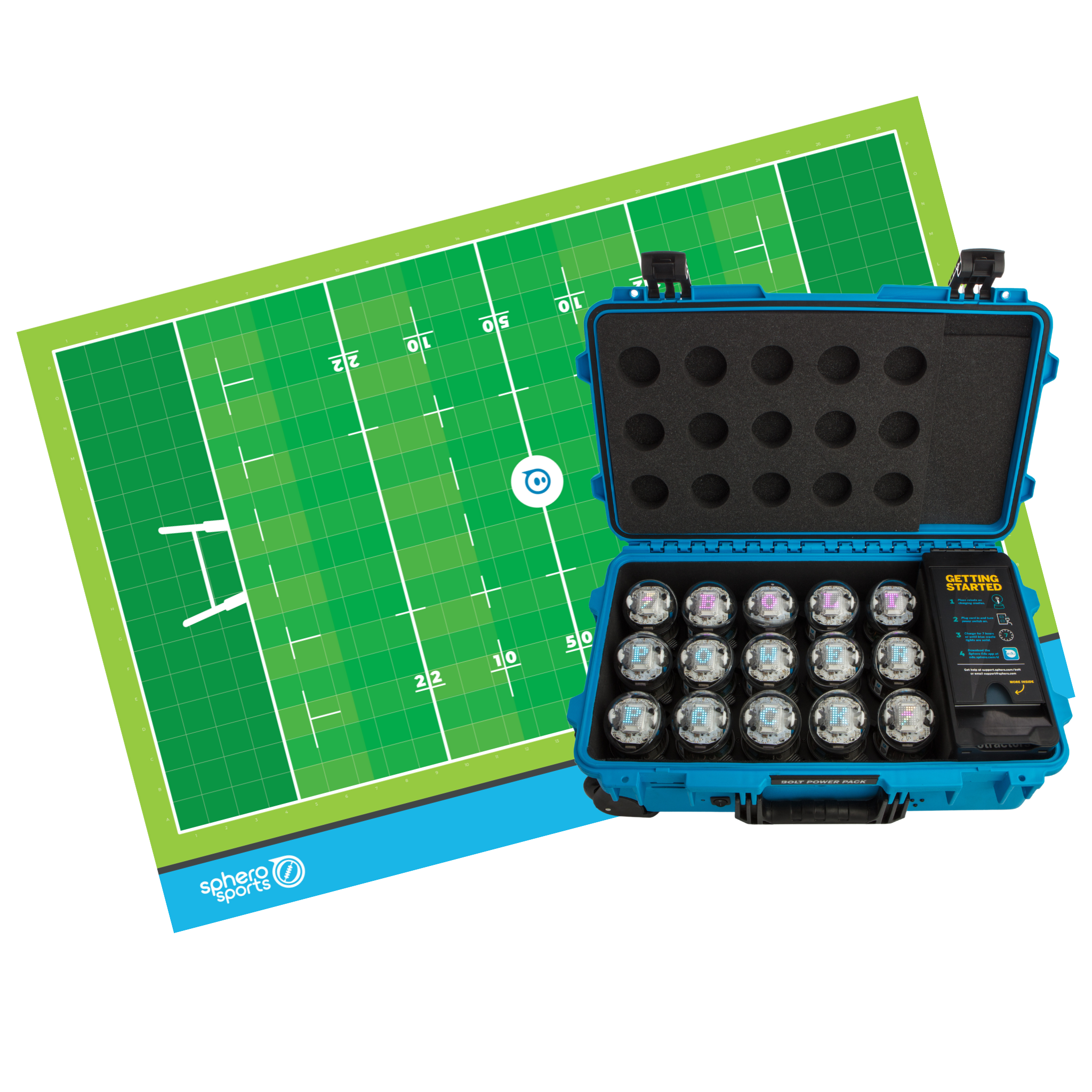 Sphero Sports Bundle featuring football-themed coding mats and a power pack with multiple Sphero robots for STEM learning.