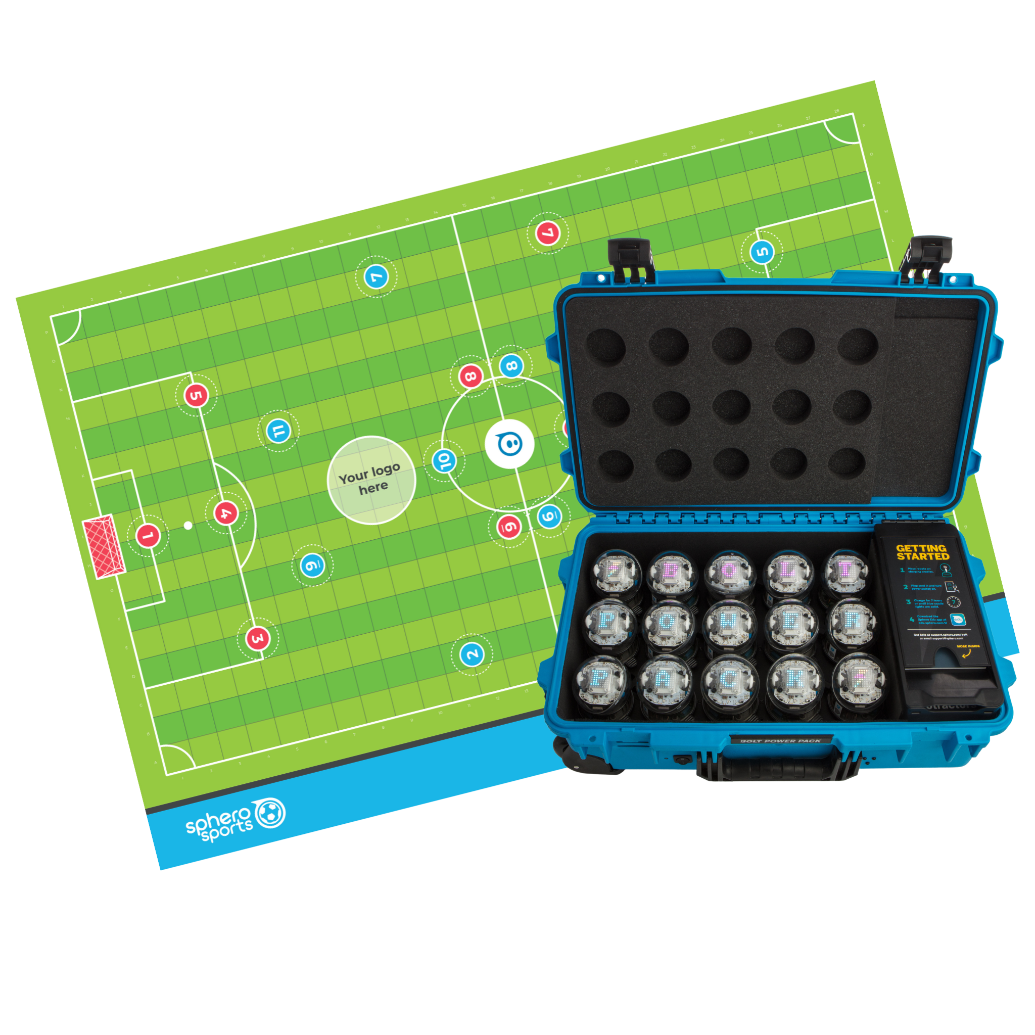 Sphero Sports Bundle featuring football-themed coding mat and Sphero BOLT Power Pack with 12 Sphero robots.