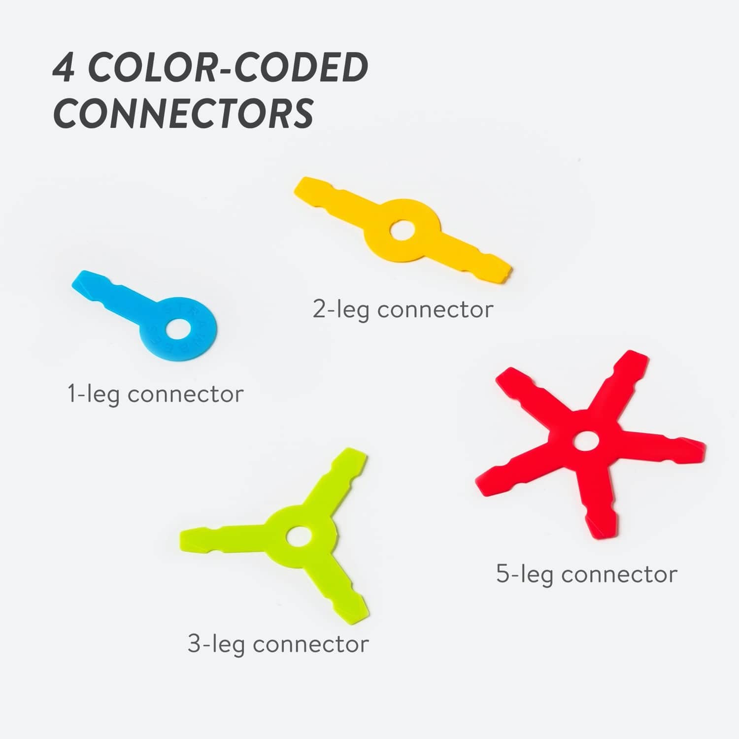 Four color-coded connectors for STEAM projects: 1-leg, 2-leg, 3-leg, and 5-leg connectors in vibrant colors.