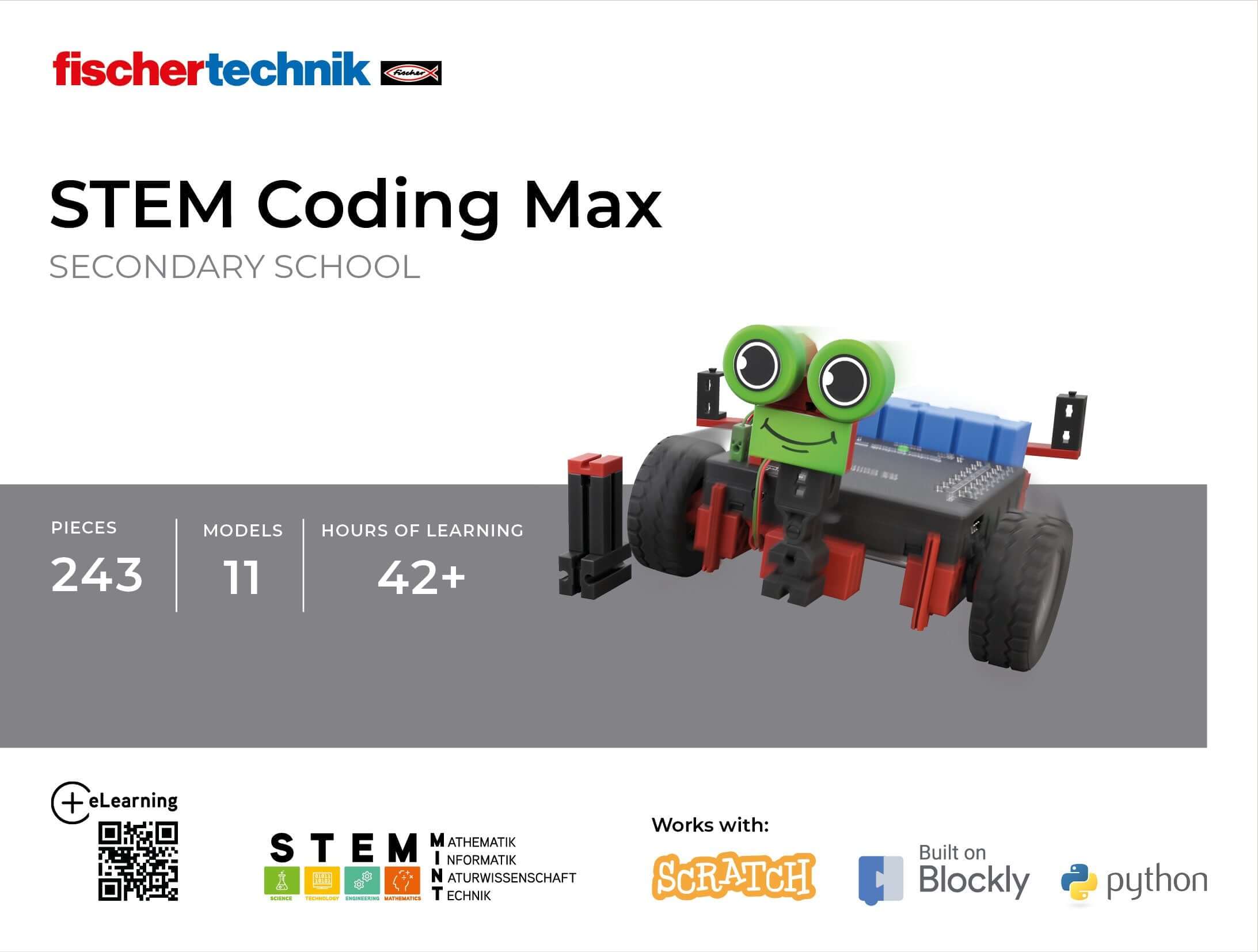 STEM Coding Max kit for secondary education, featuring 243 pieces, 11 models, and over 42 hours of learning.