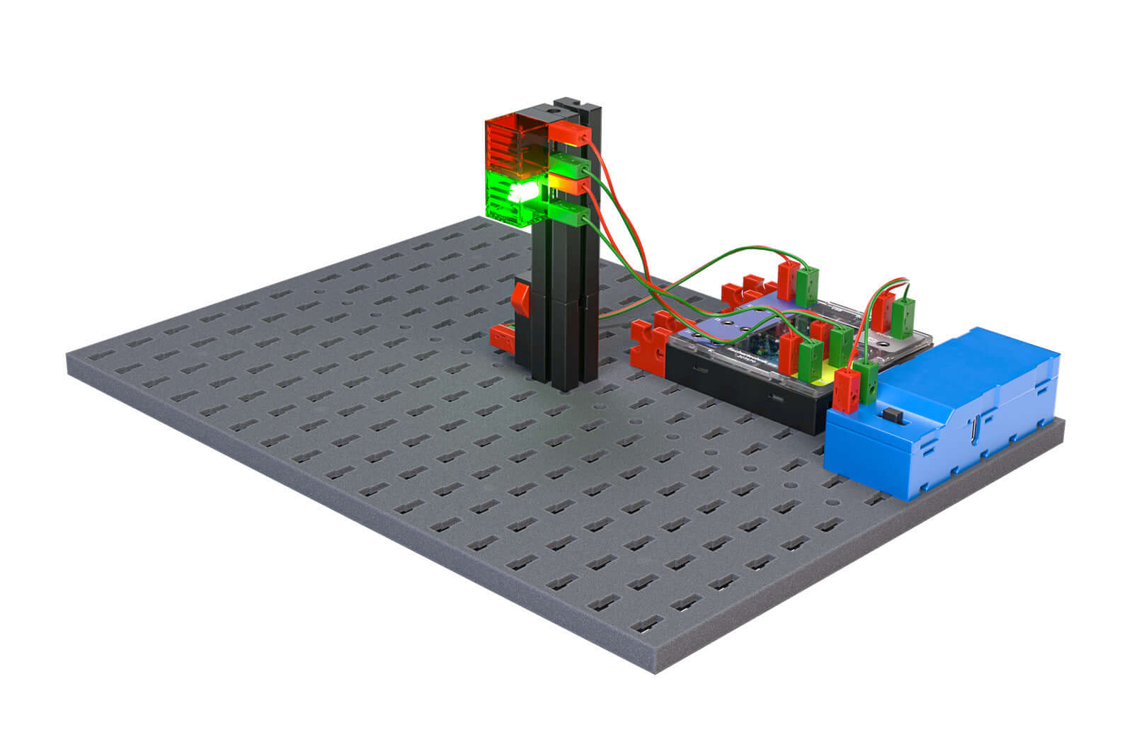 STEM Coding Pro robotics kit with Li Ion battery, showcasing colorful components and a programmable setup.