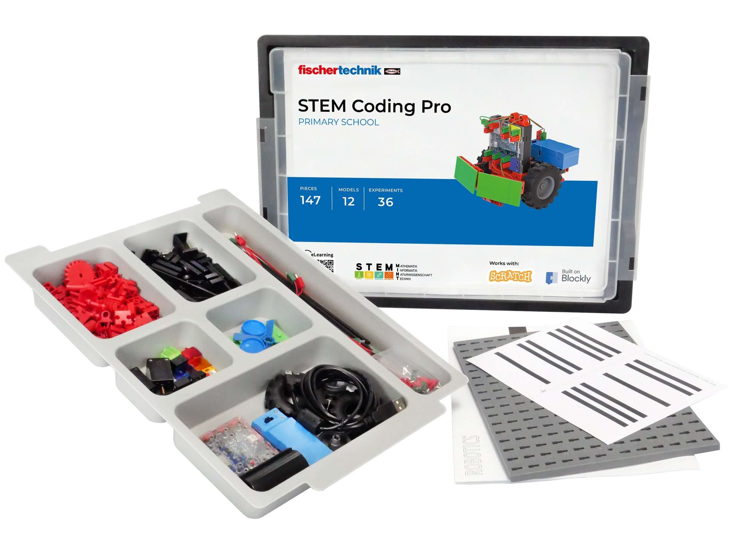 STEM Coding Pro robotics kit for primary school with various components and instruction materials.